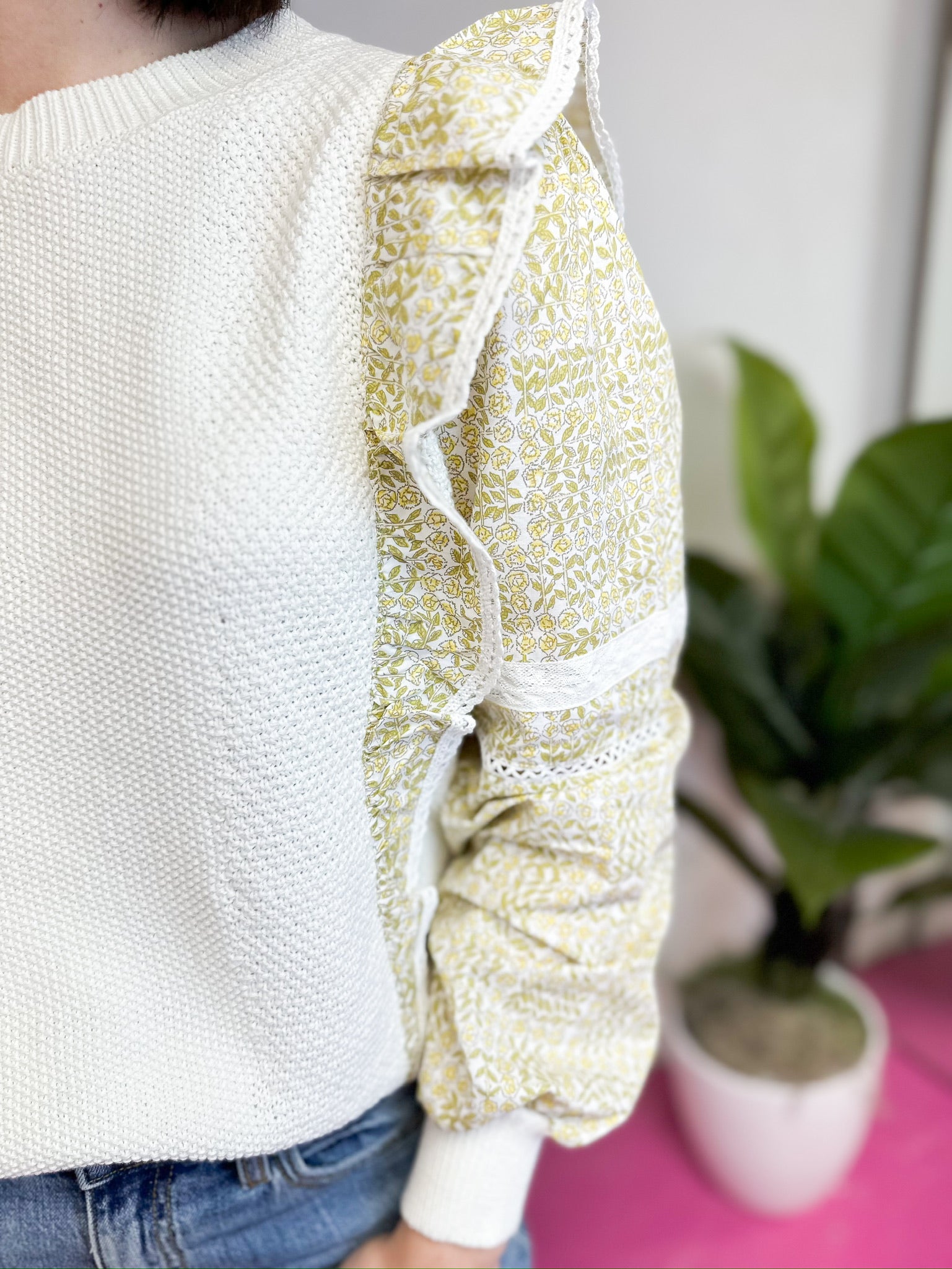 Puff Sleeve Sweater with Ruffle Detail