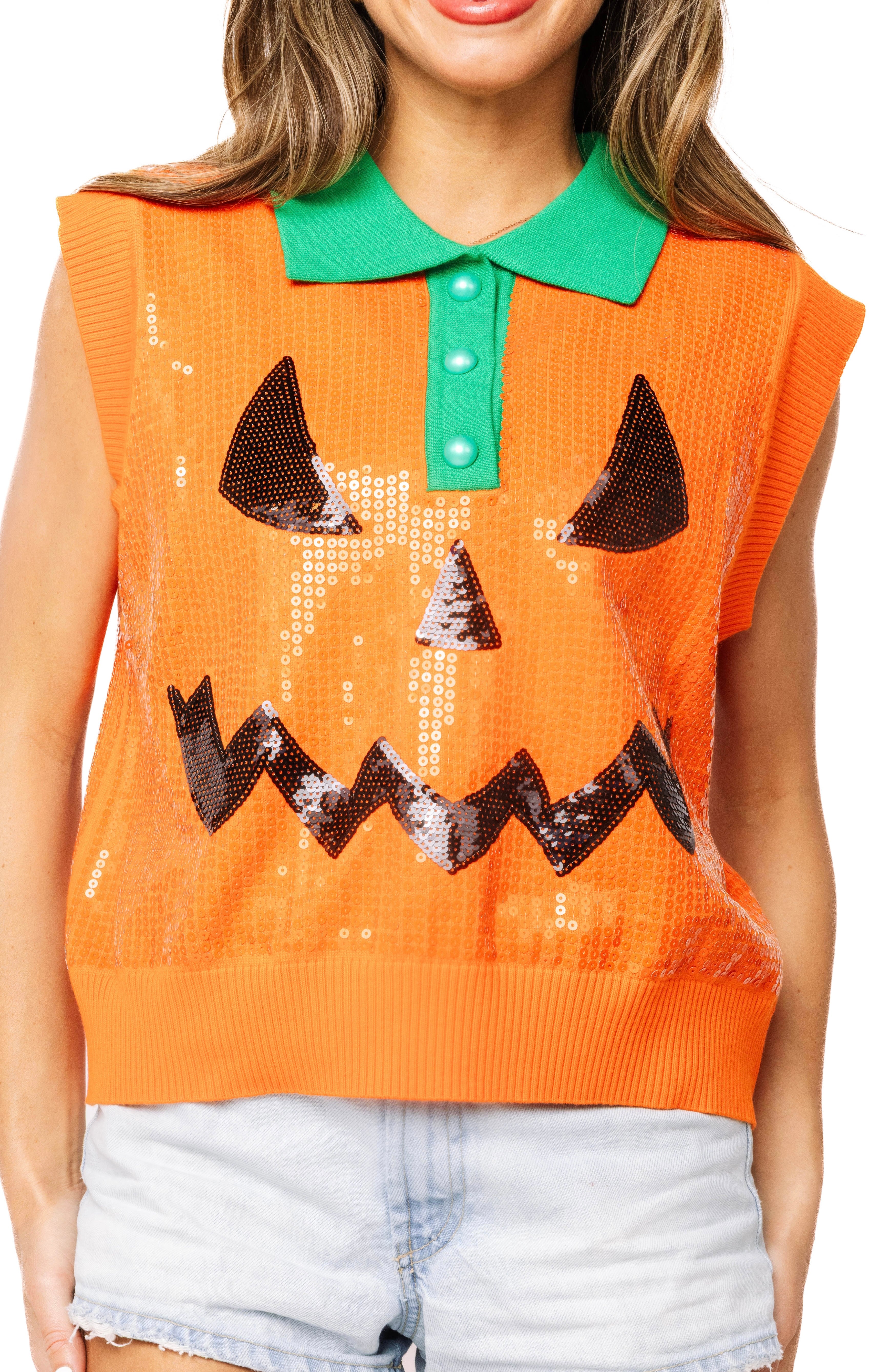 (PRE-ODER) Queen of Sparkles Sequin Pumpkin Face Button Up Vest