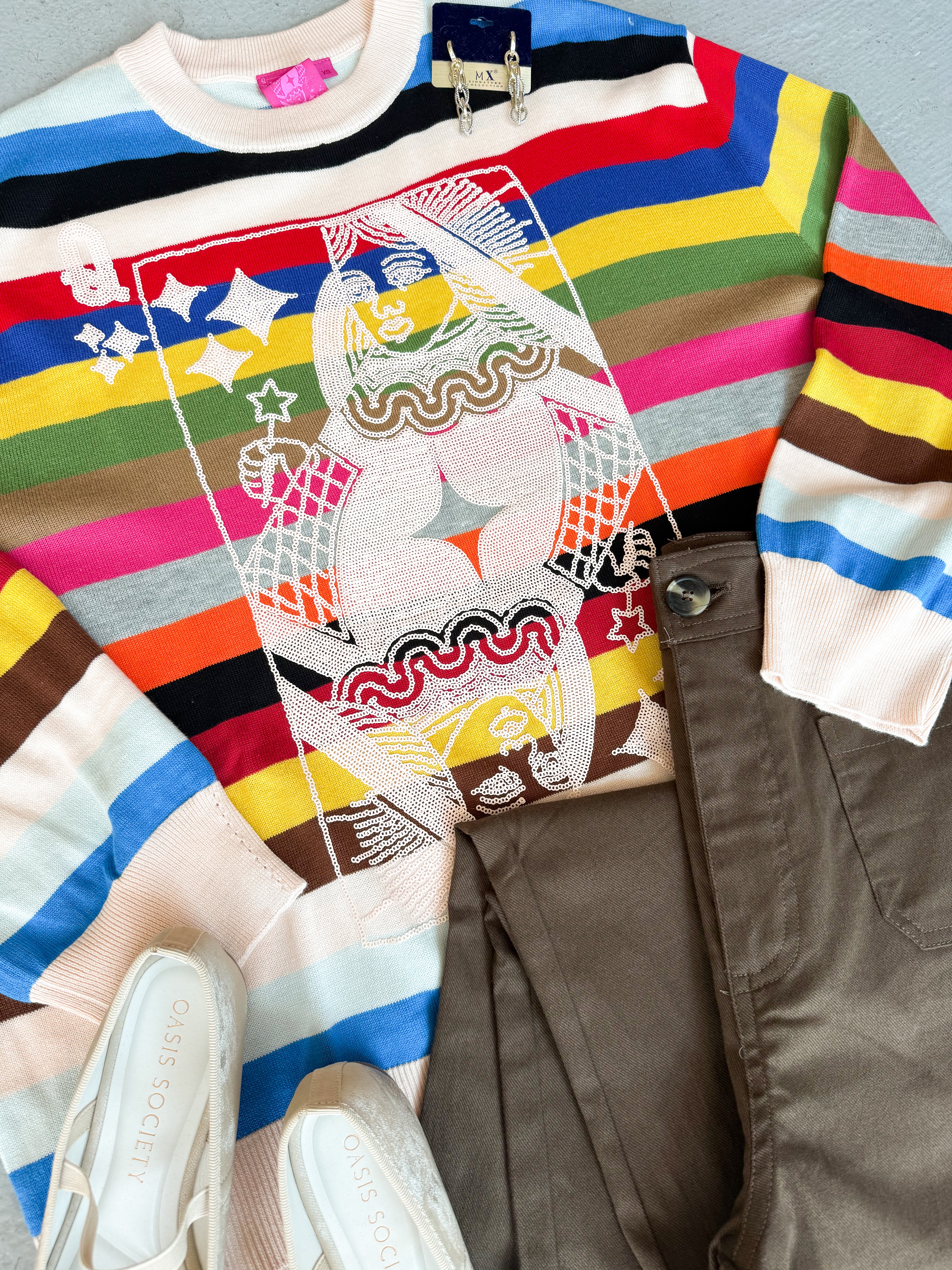 Queen of Sparkles Multi Stripe Card Logo Sweater