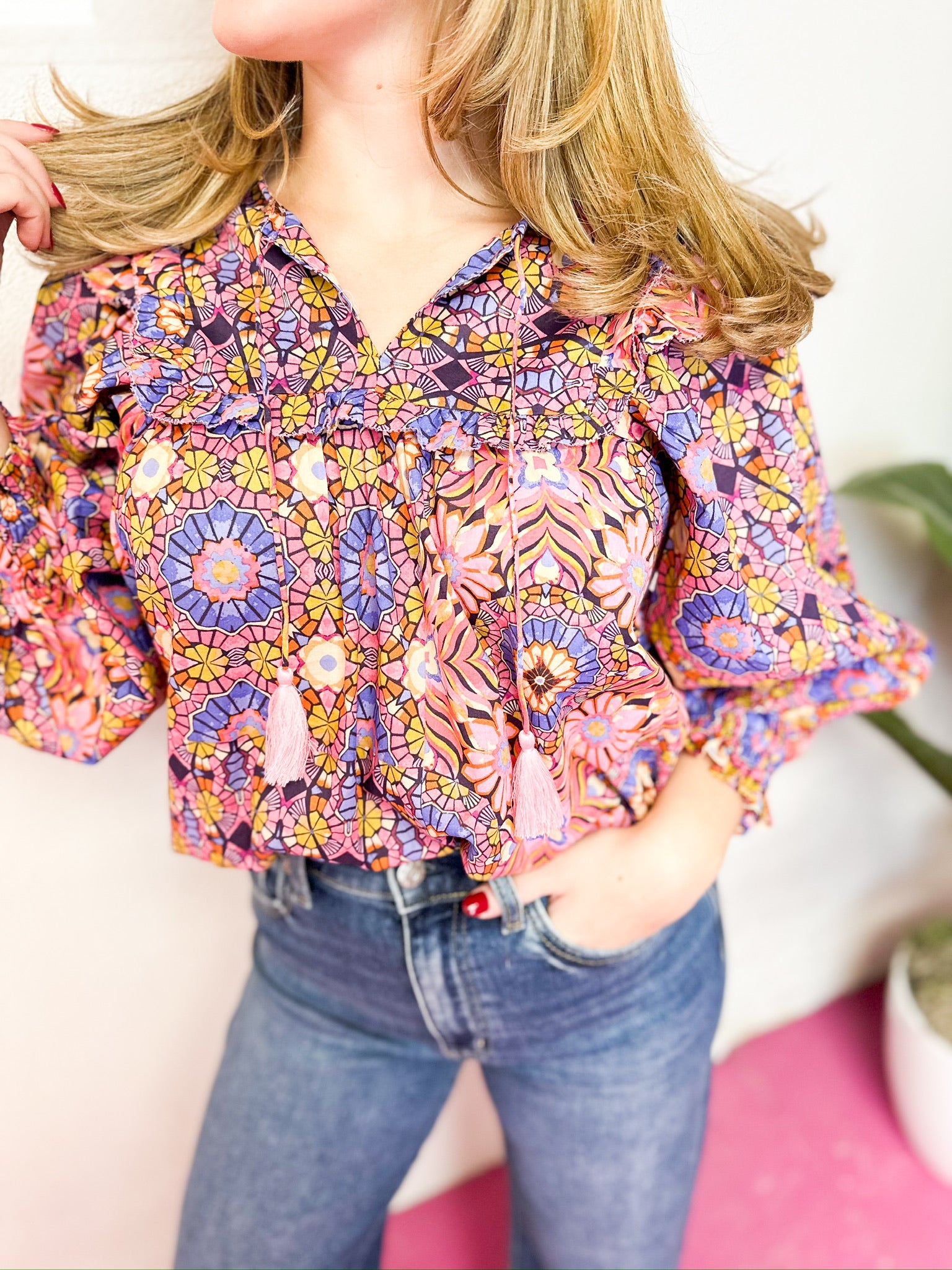 Kaleidoscope Ruffle V-Neck Top