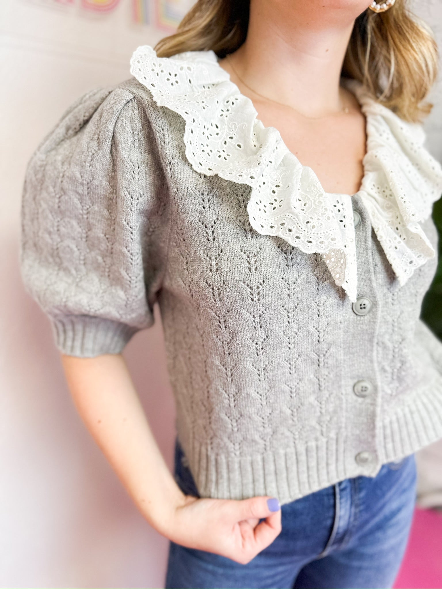 Eyelet Collar Knit Cardigan