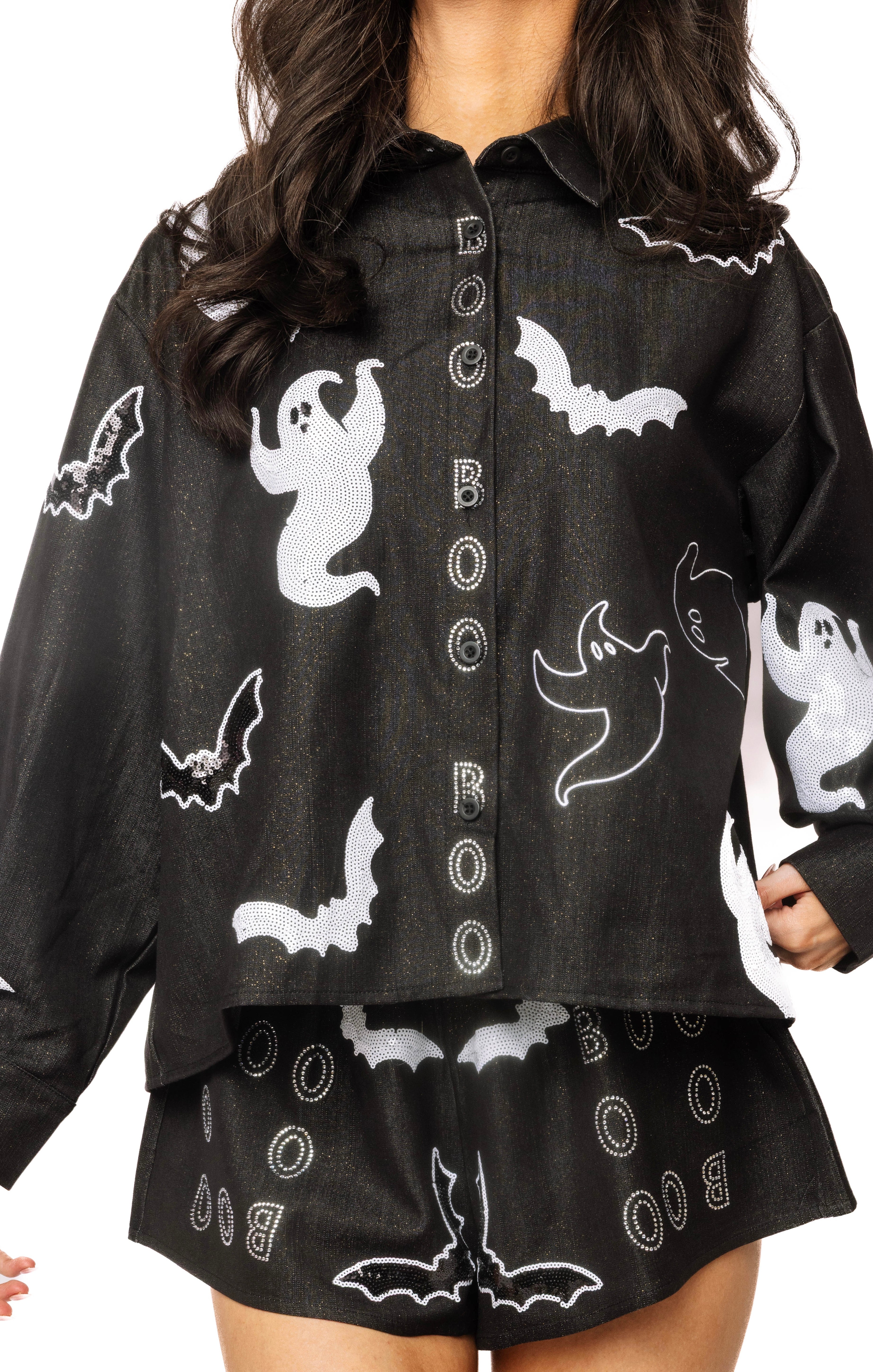 (PRE-ORDER) Queen of Sparkles Ghost "Boo" Button Up Top