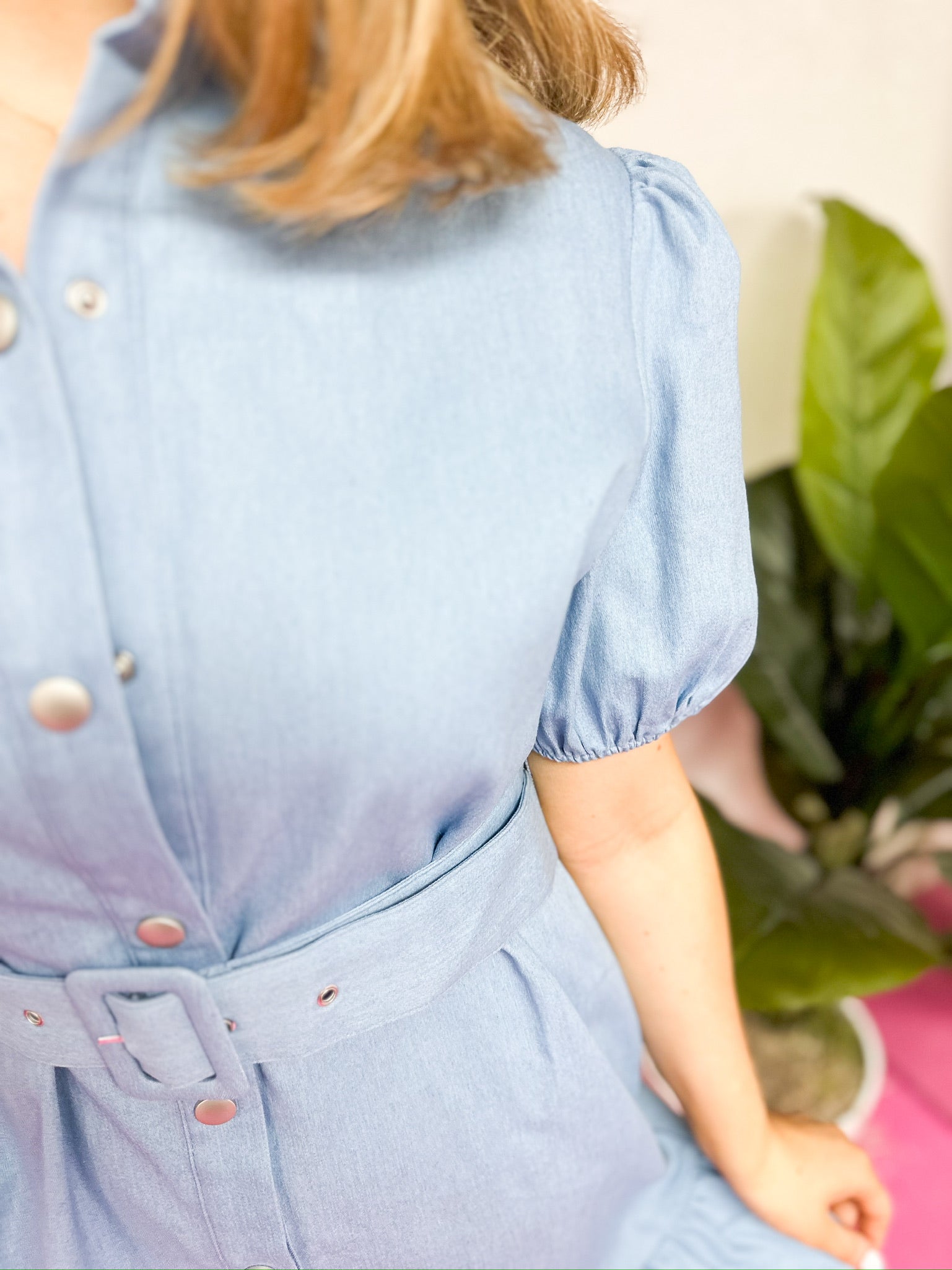Chambray Button Front Belted Dress