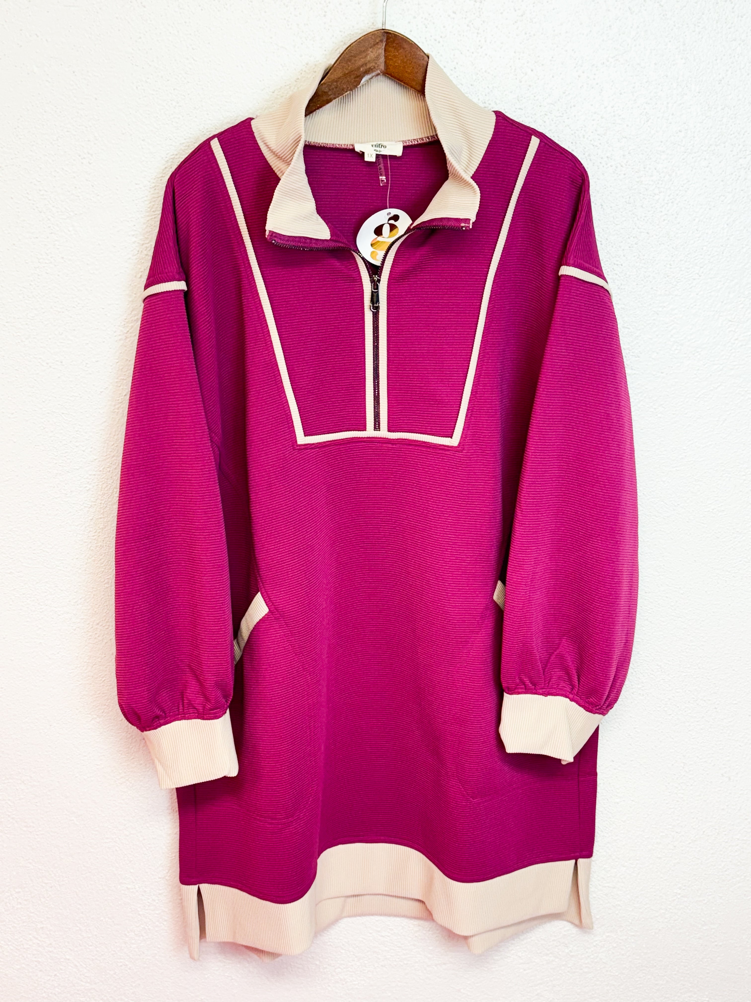 Plus Size Magenta Quarter Zip Mini Dress