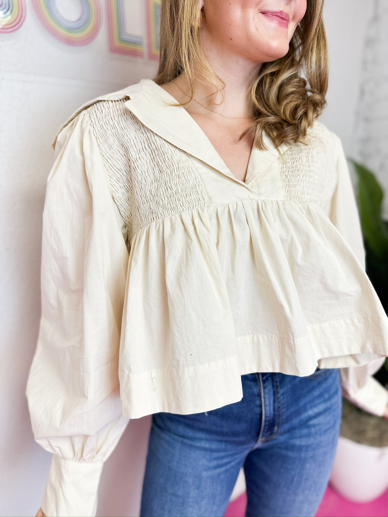 Long Sleeve Smocked Blouse