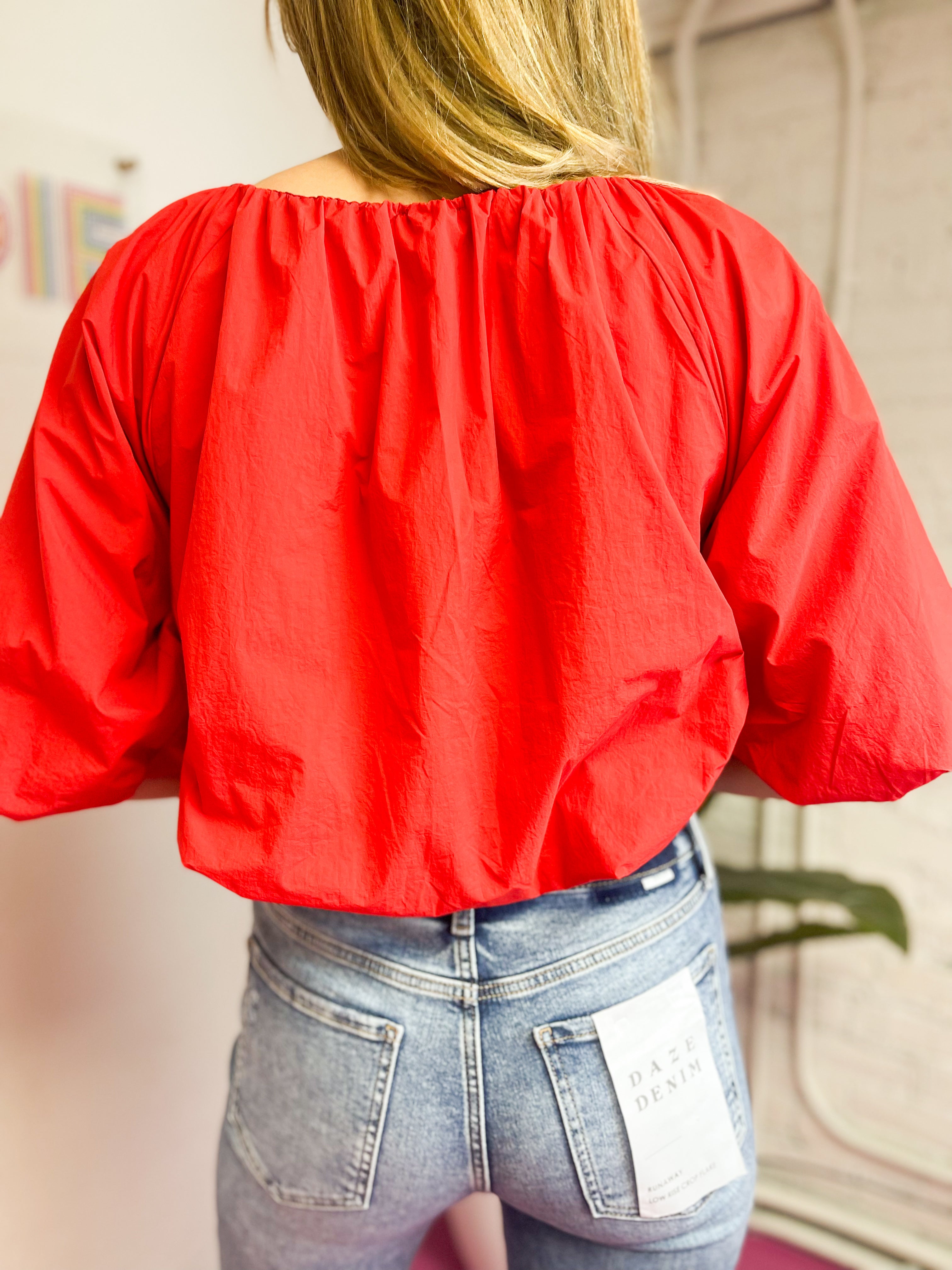 Red Poplin Puff Sleeve Top