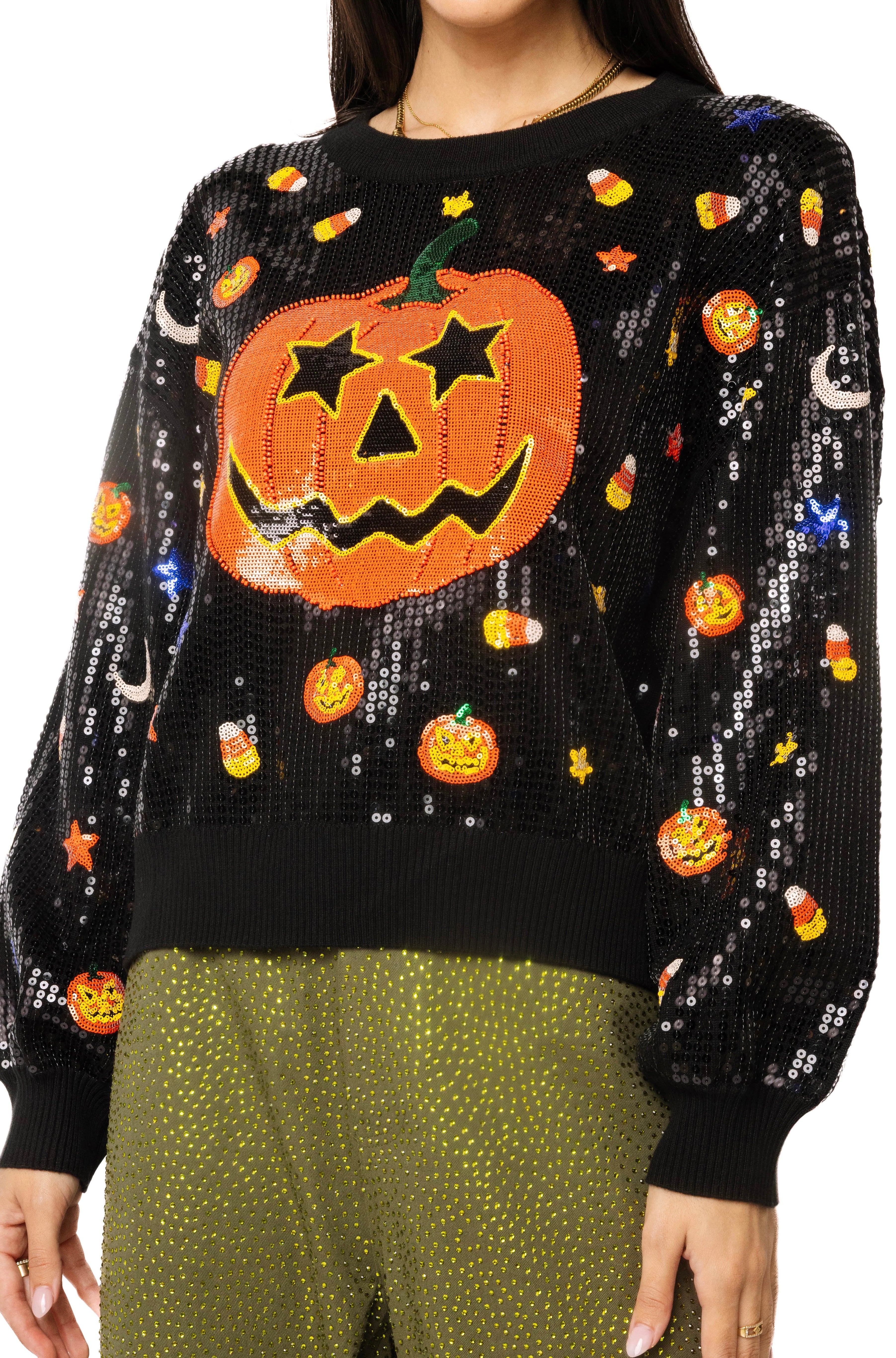(PRE-ORDER) Queen of Sparkles Full Sequin Pumpkin & Mini Icon Sweater