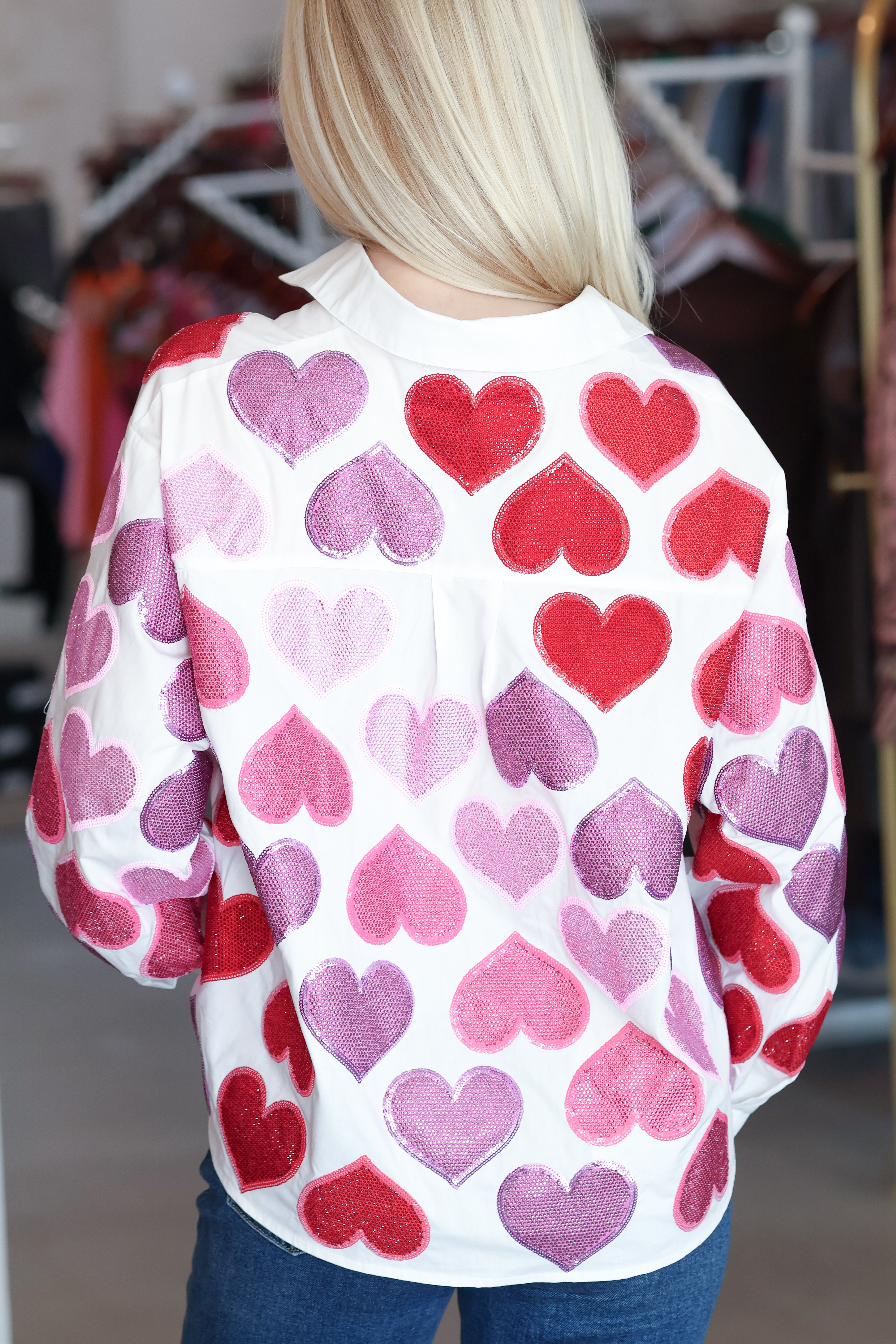 Queen of Sparkles Rhinestone Hearts Button Up