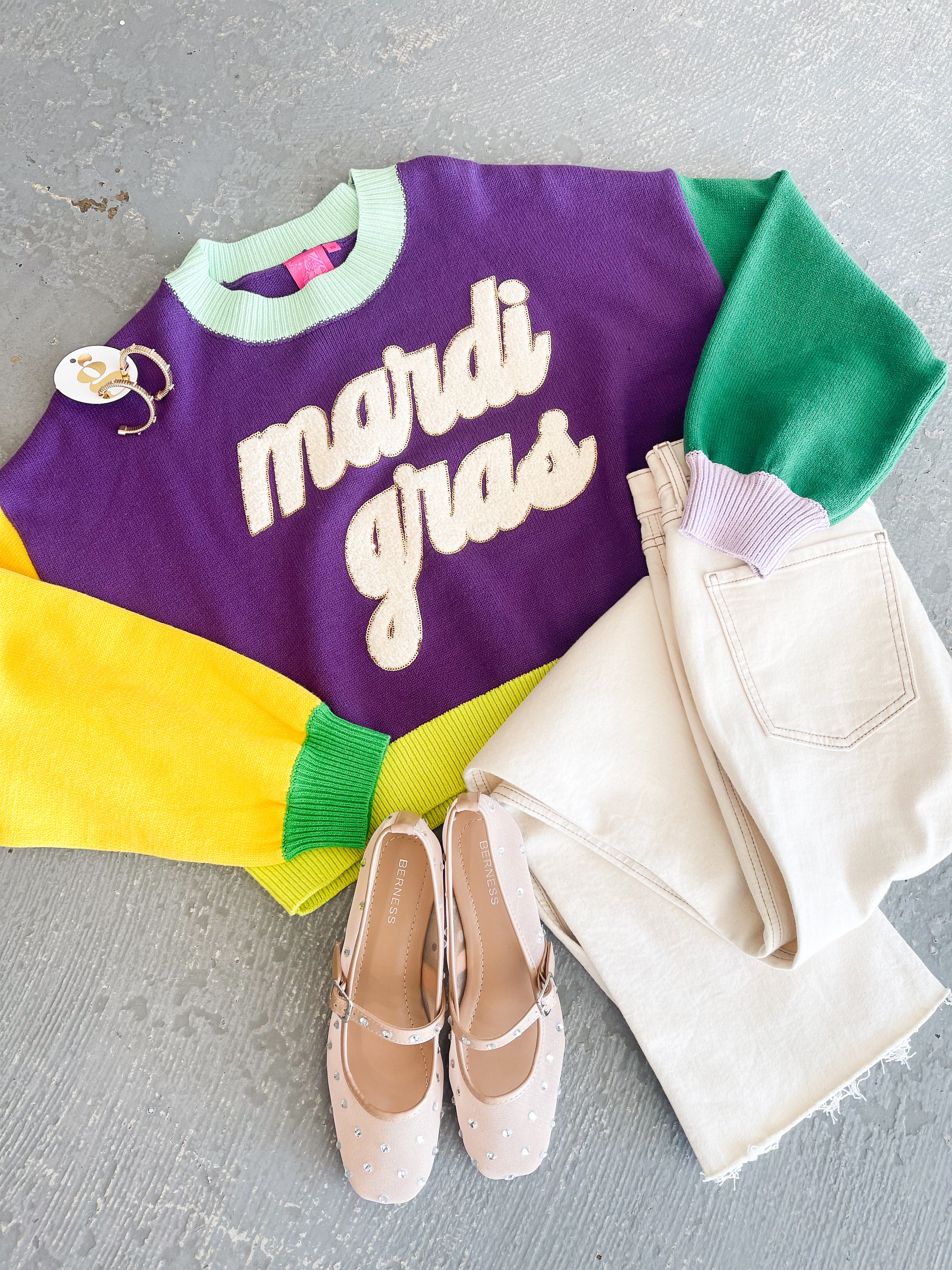 Queen of Sparkles Color Block Mardi Gras Sweater