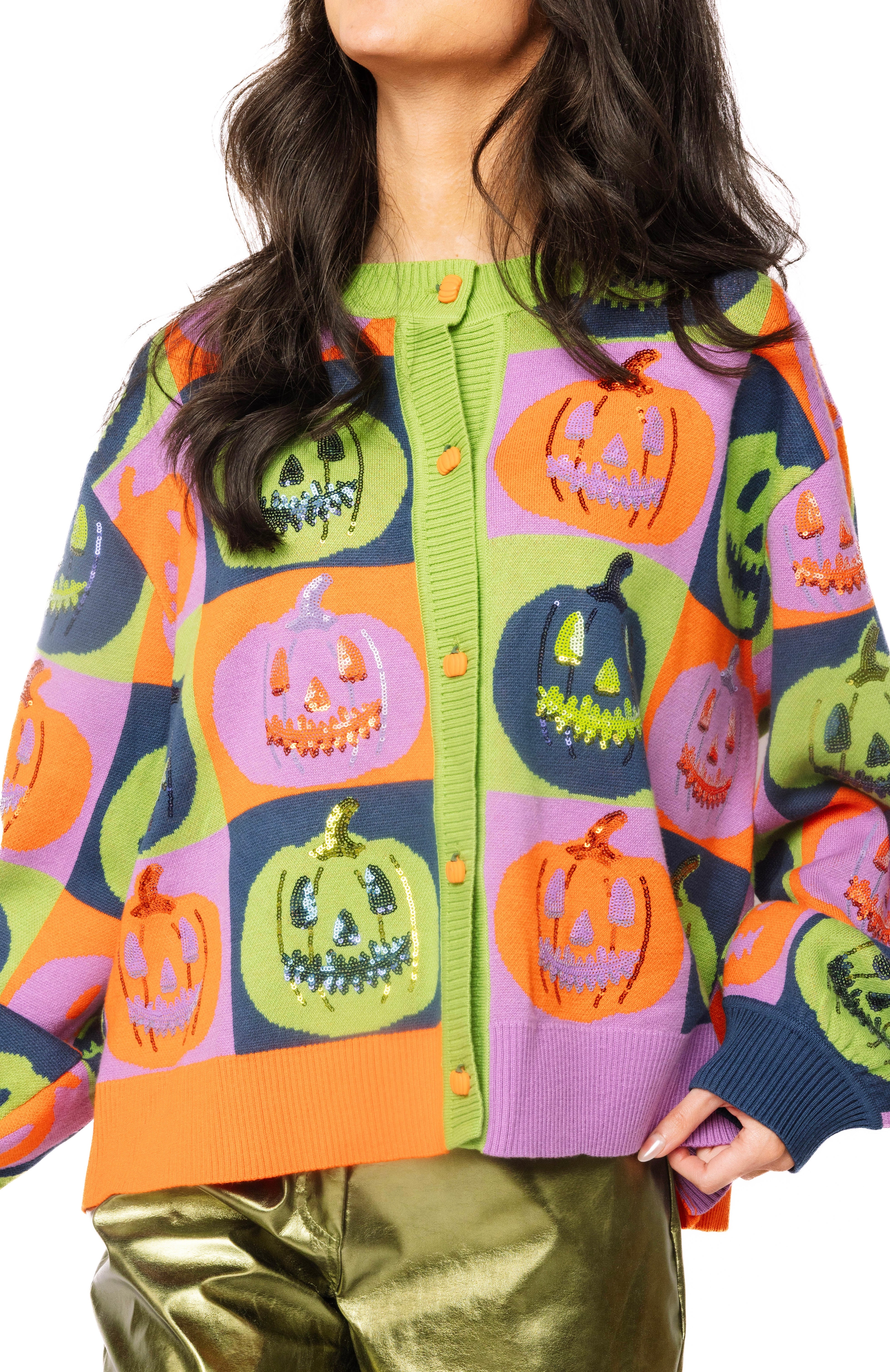(PRE-ORDER) Queen of Sparkles Checkered Pumpkin Button Up Cardigan