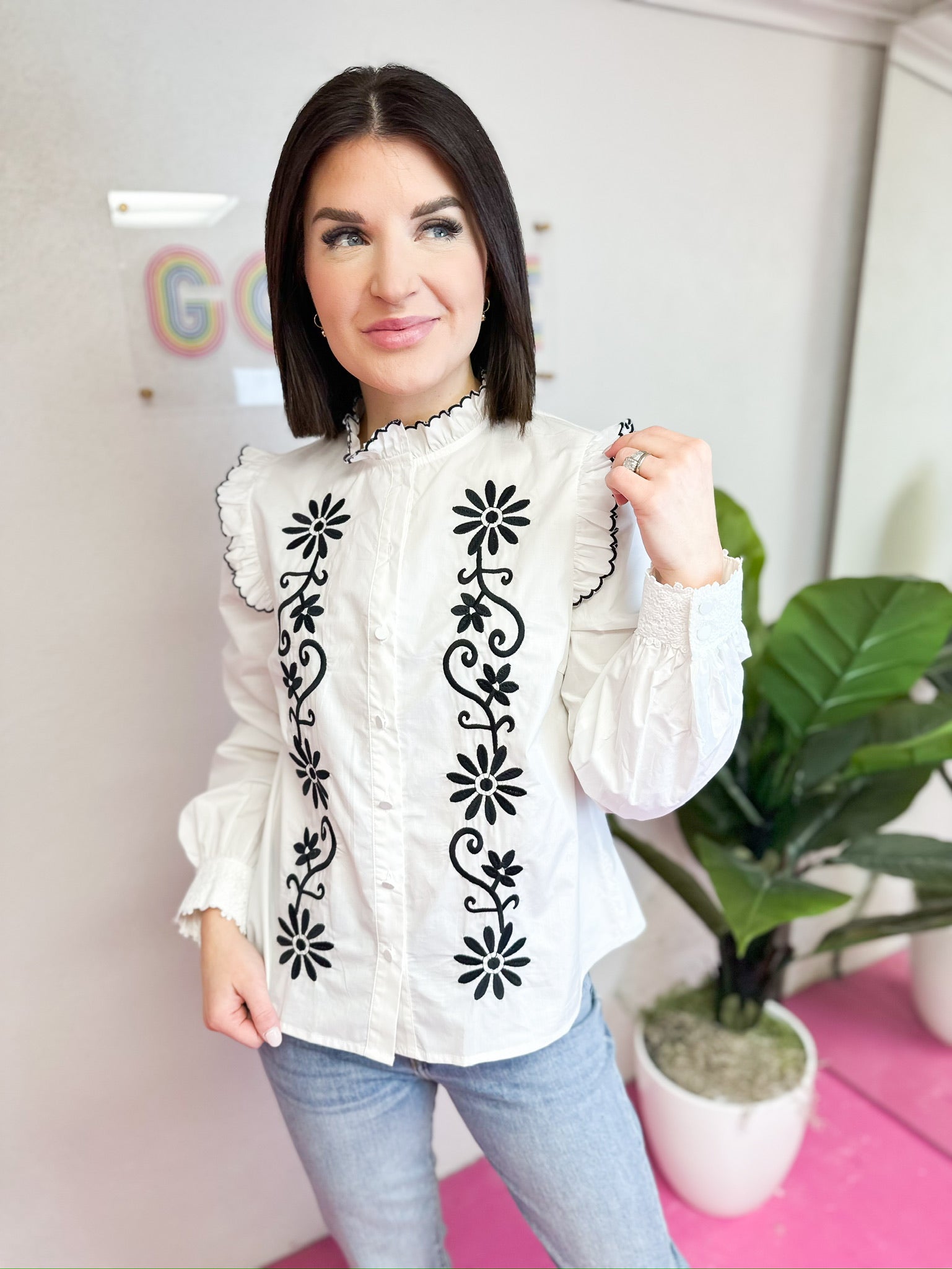 Contrast Embroidered Blouse