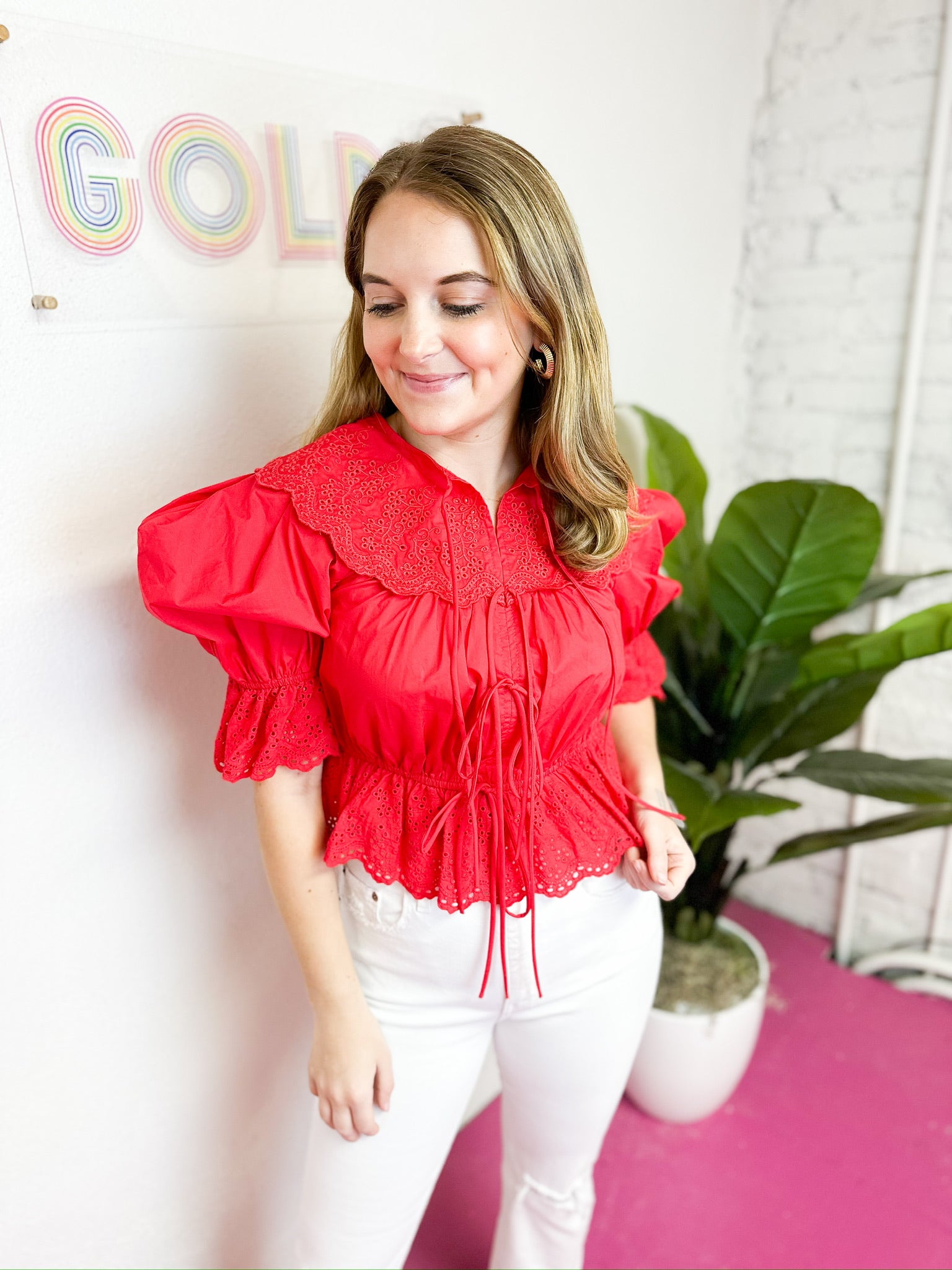 Red Embroidered Eyelet Tie Blouse