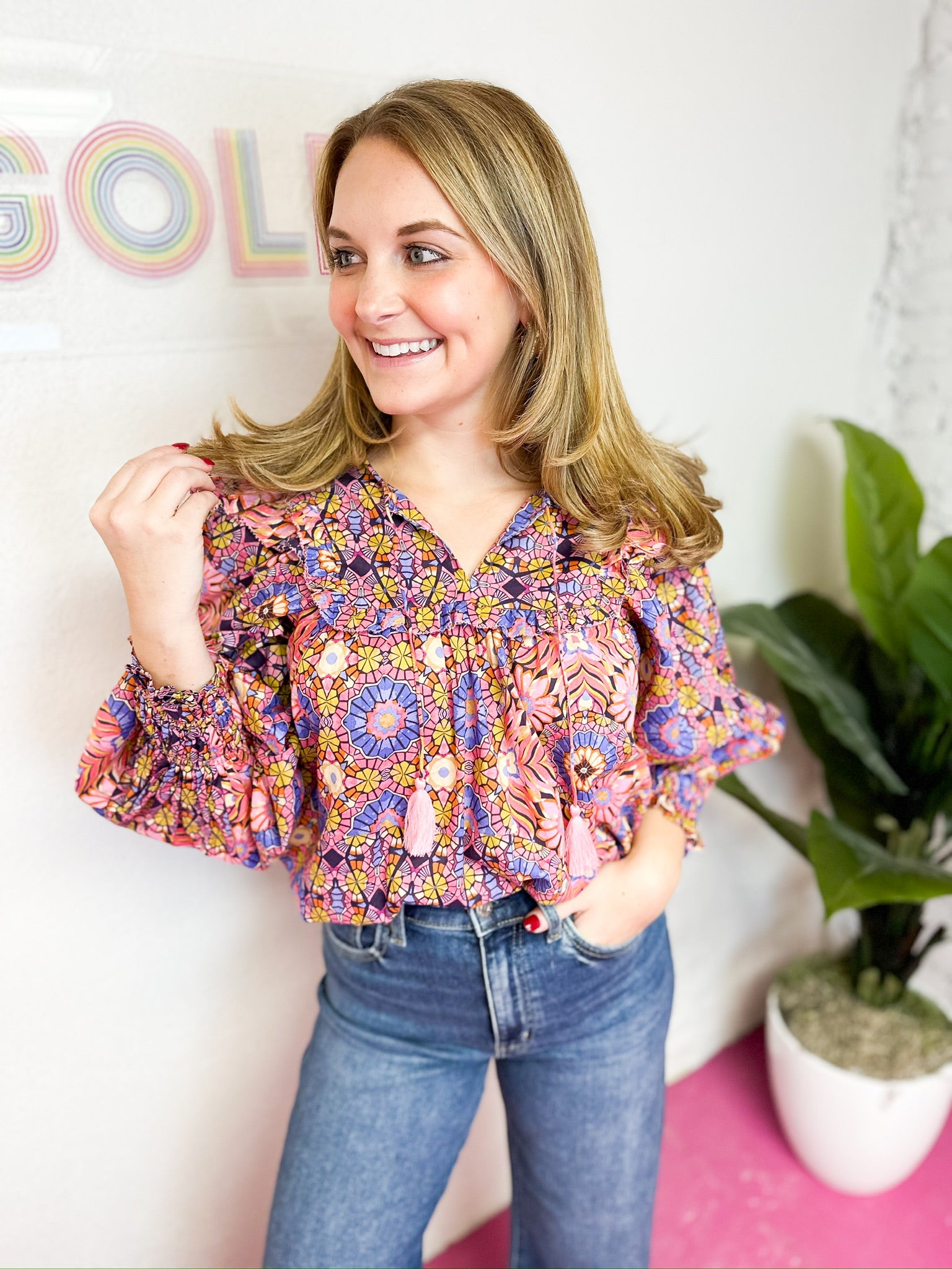 Kaleidoscope Ruffle V-Neck Top