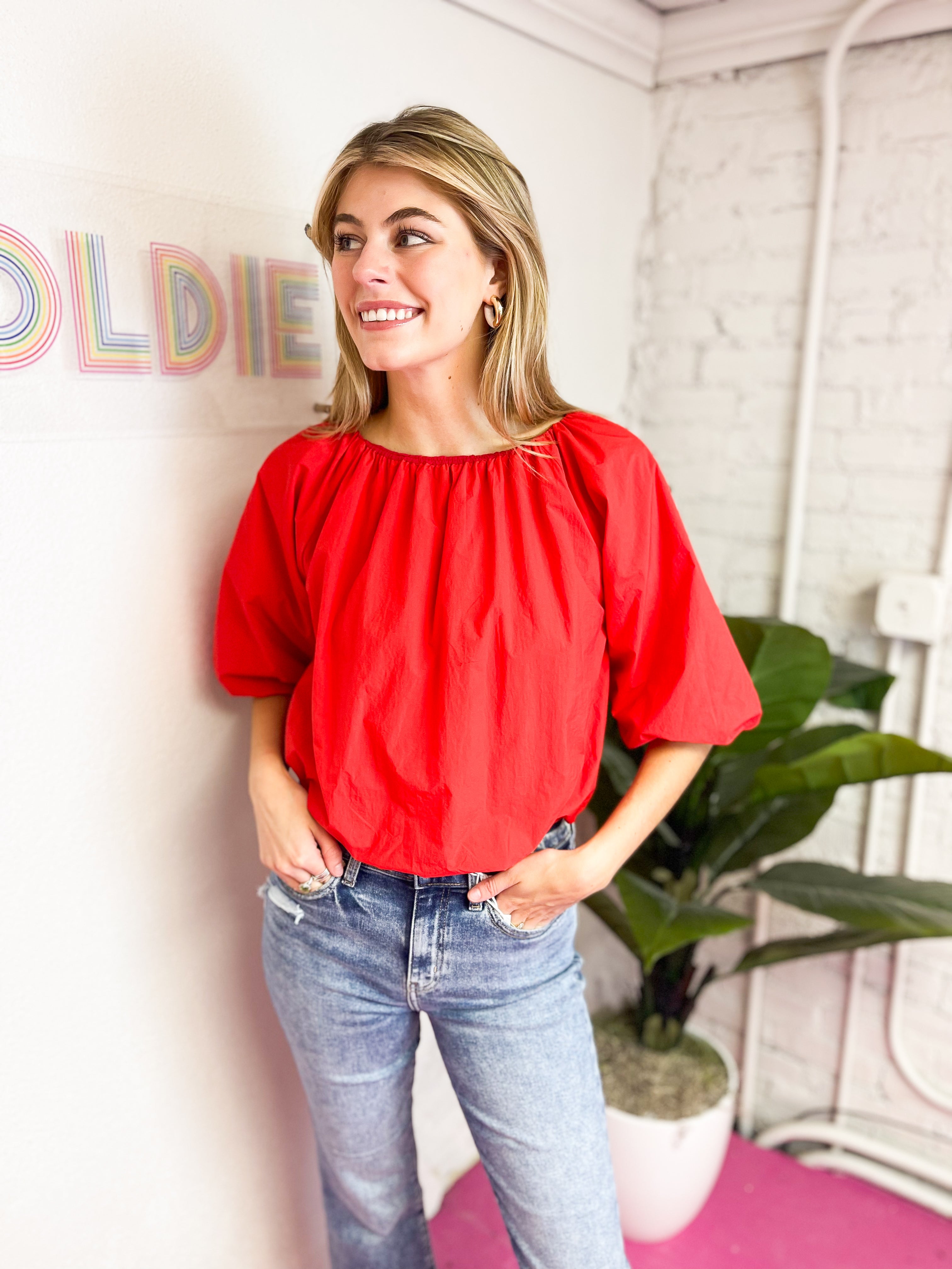 Red Poplin Puff Sleeve Top