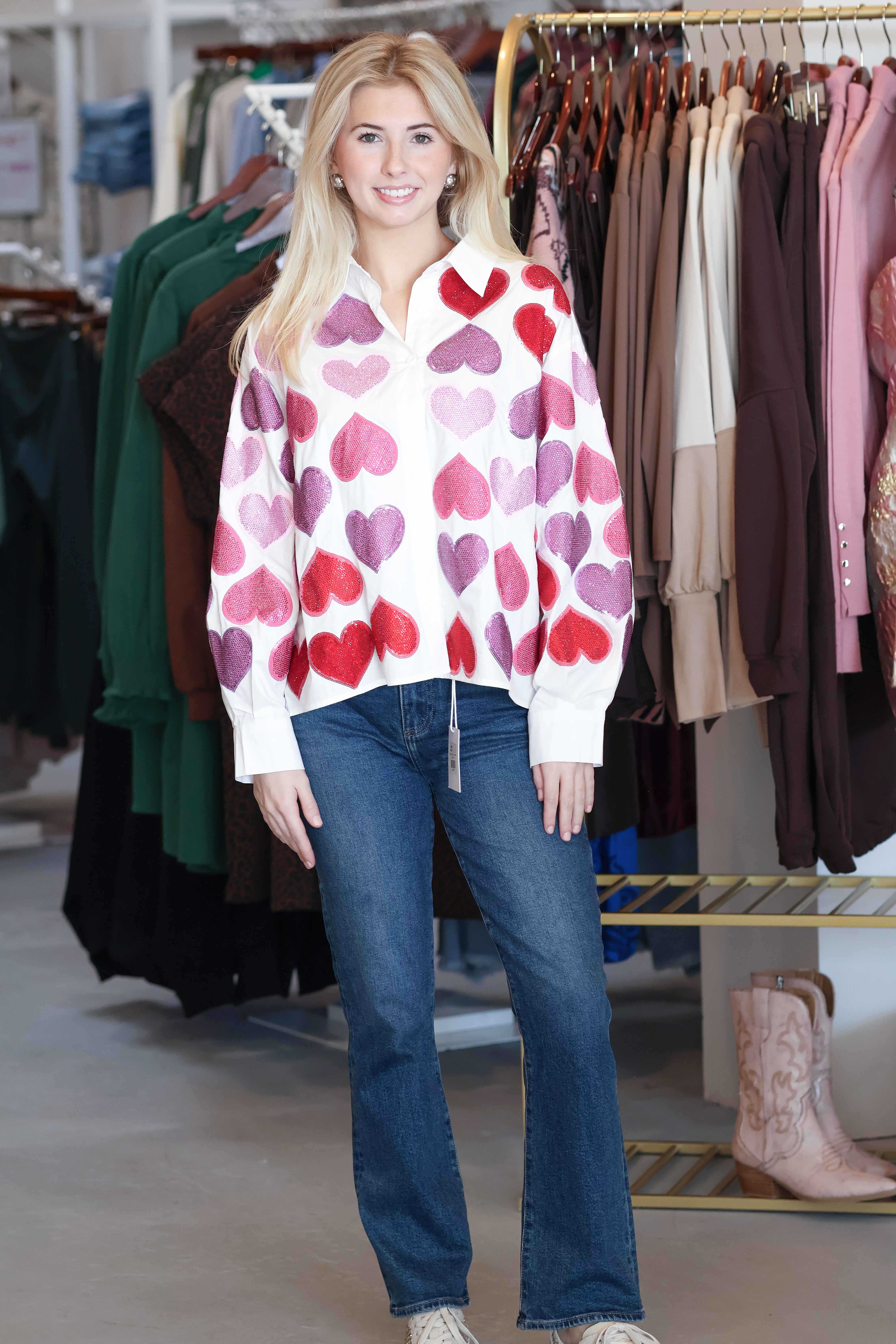 Queen of Sparkles Rhinestone Hearts Button Up