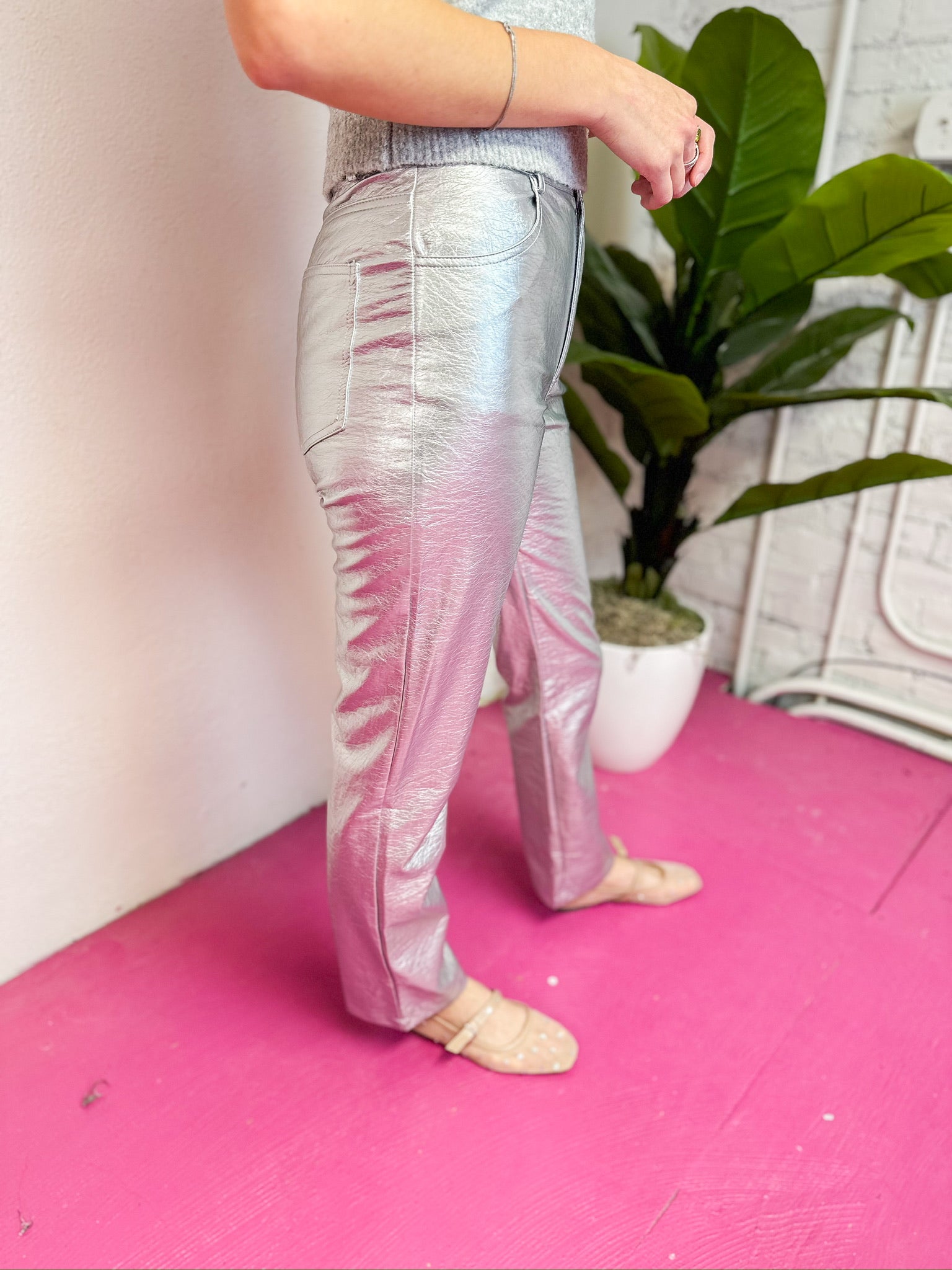 Metallic Silver Straight Pant