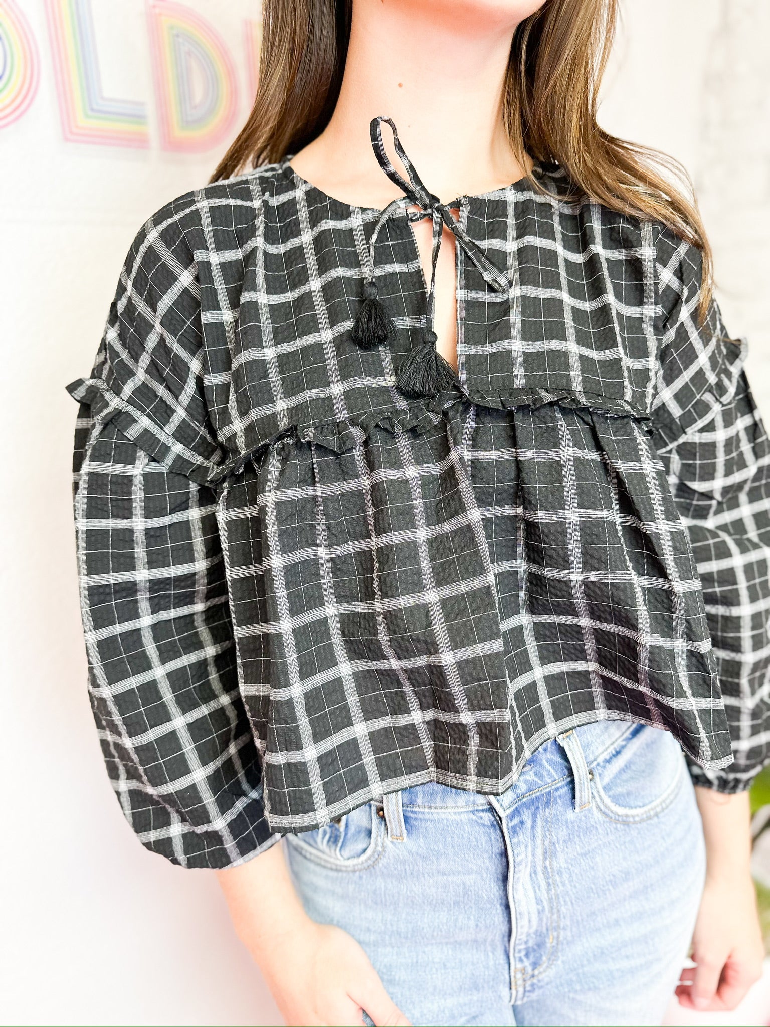 Tie Front Ruffle Plaid Top