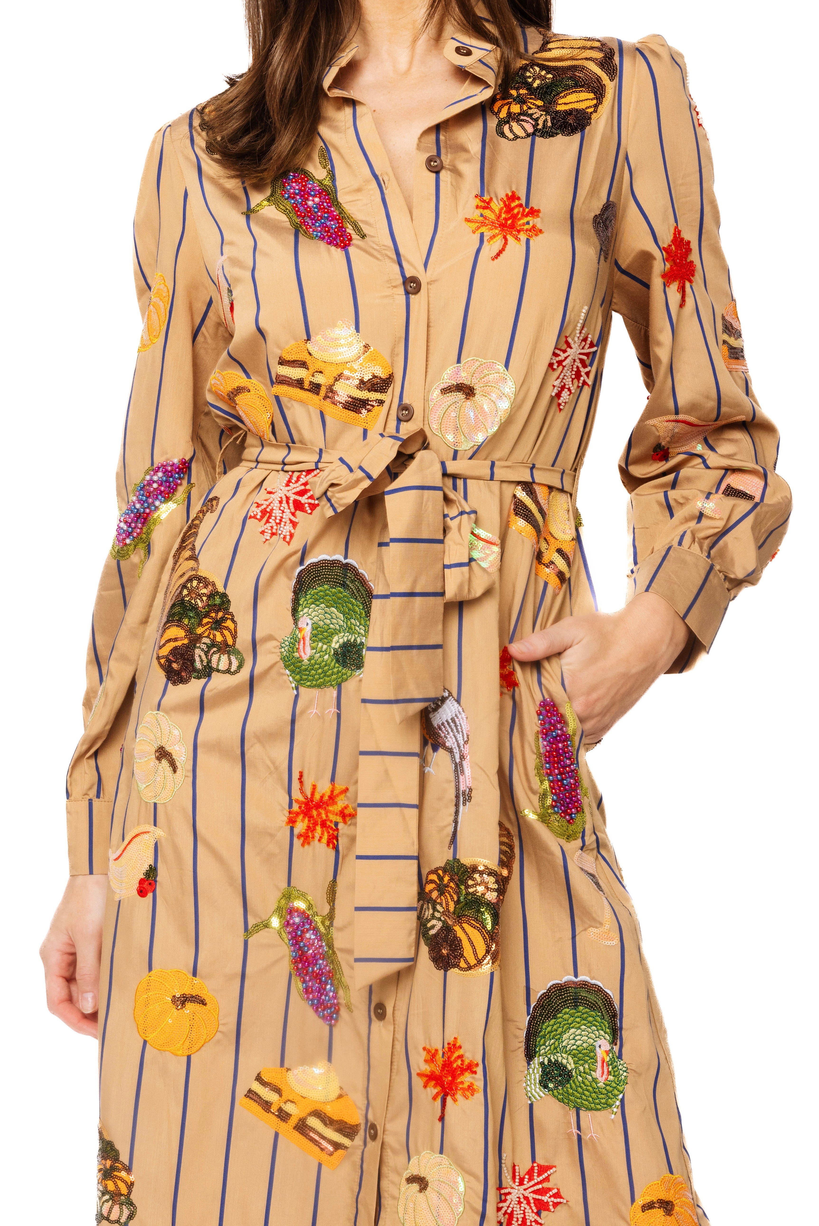 (PRE-ORDER) Queen of Sparkles Striped Thanksgiving Icon Midi Tie Dress