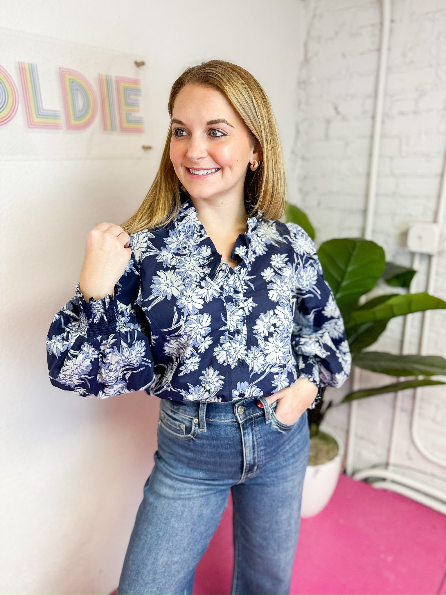 Navy Ruffle Collar Blouse