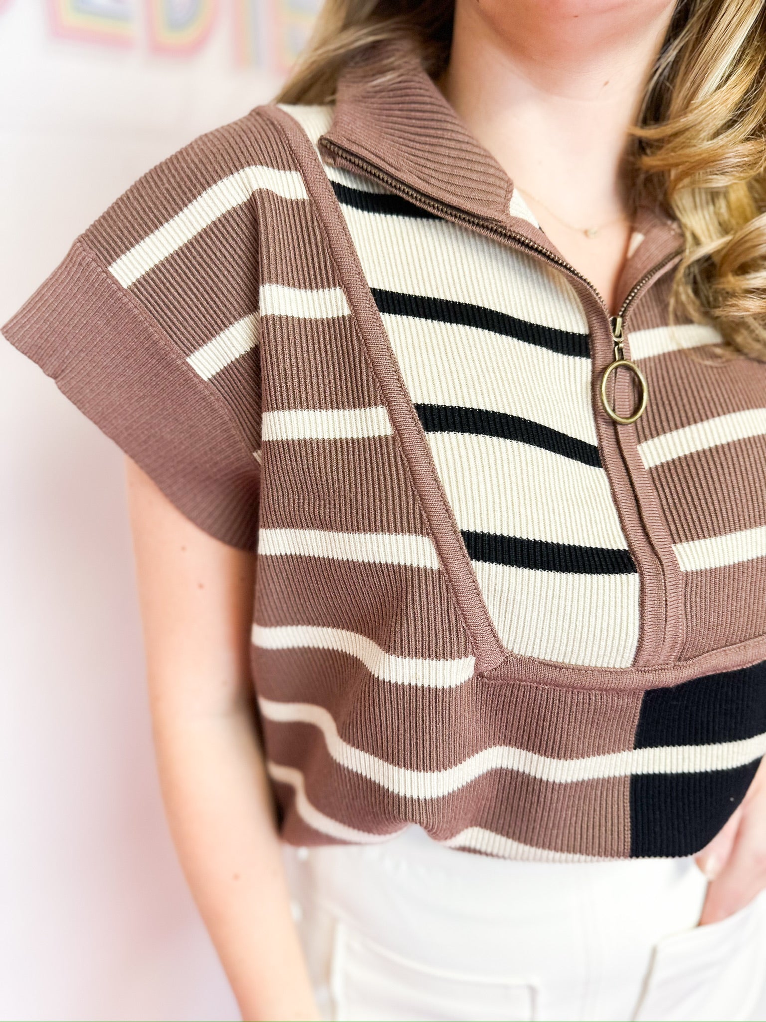 Sleeveless Striped Quarter Zip Top