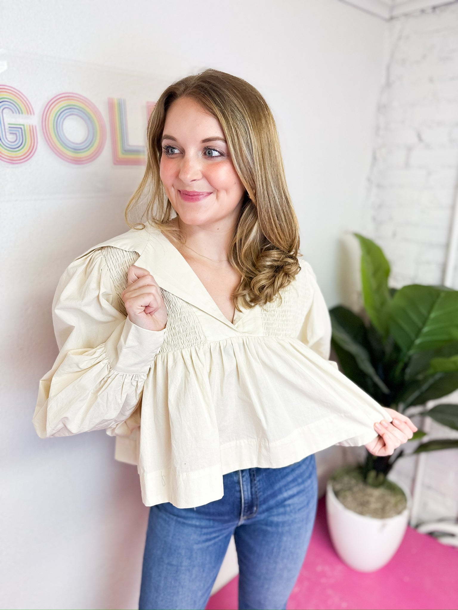 Long Sleeve Smocked Blouse