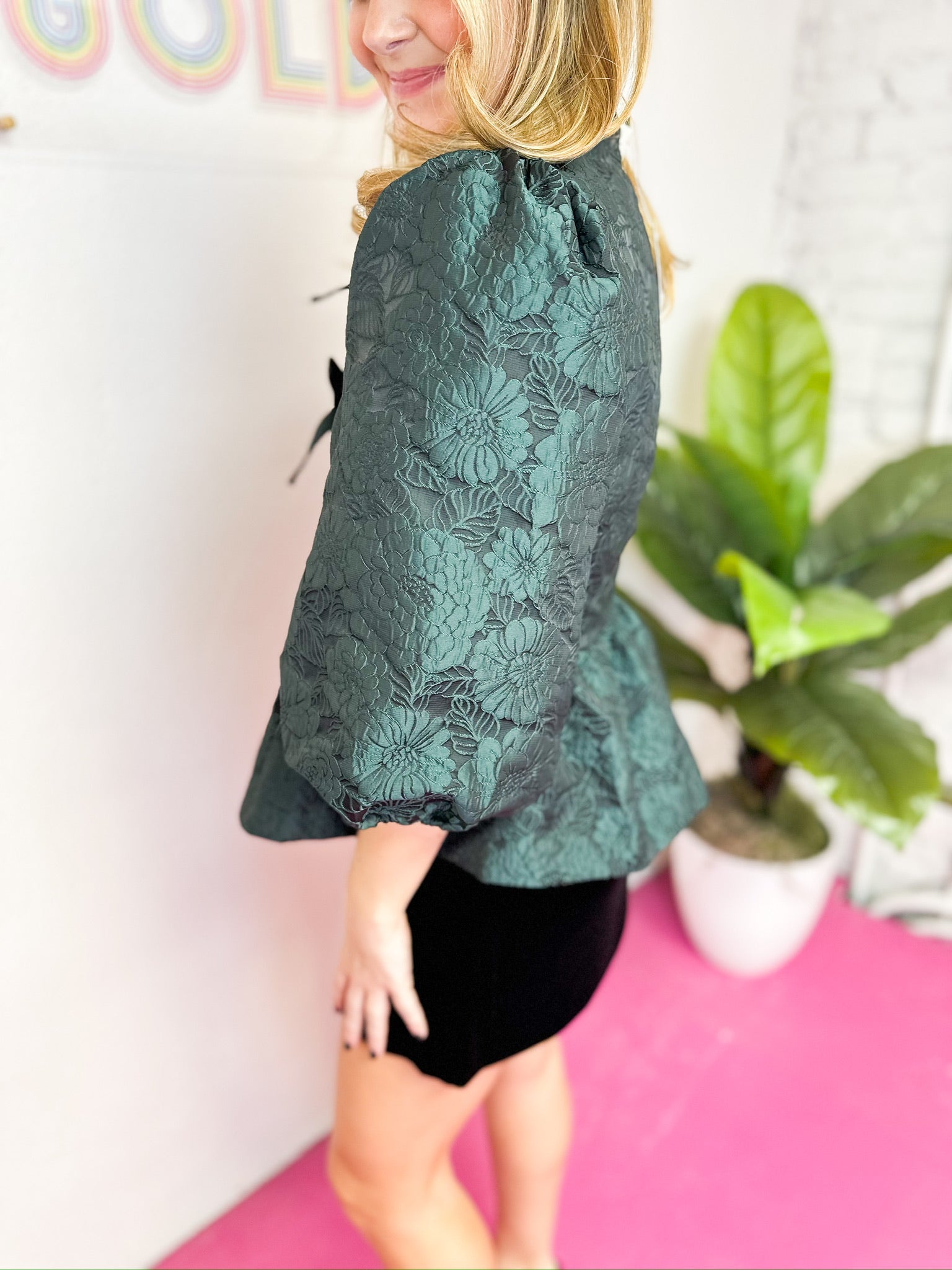 Green Jacquard Bow Blouse