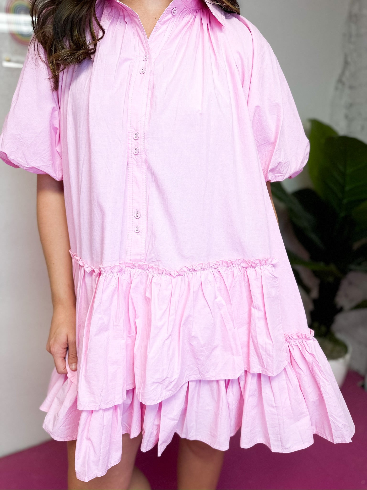 Pink Balloon Sleeve Button Front Dress