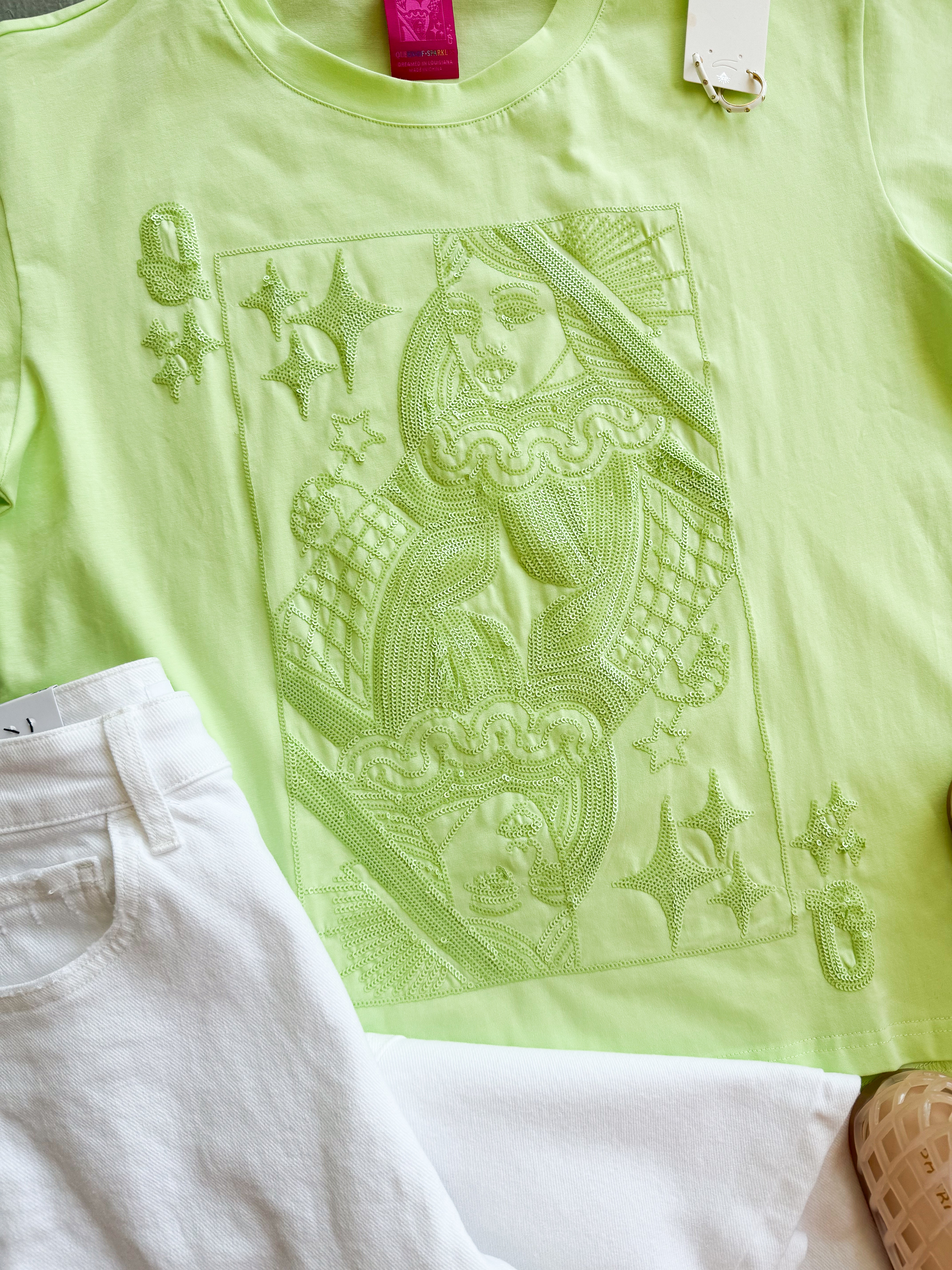 Queen of Sparkles Lime Green Card Logo Tee