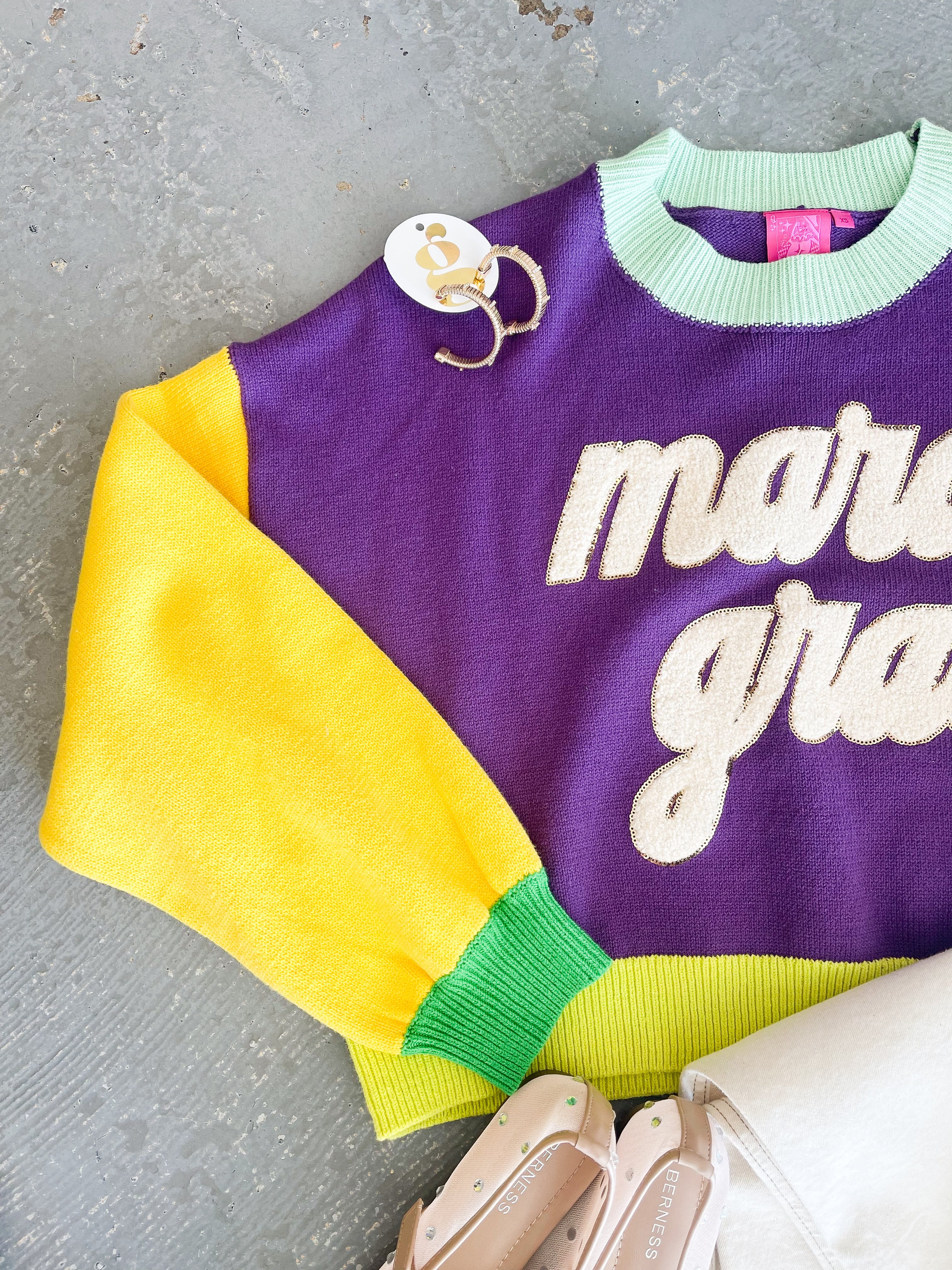 Queen of Sparkles Color Block Mardi Gras Sweater