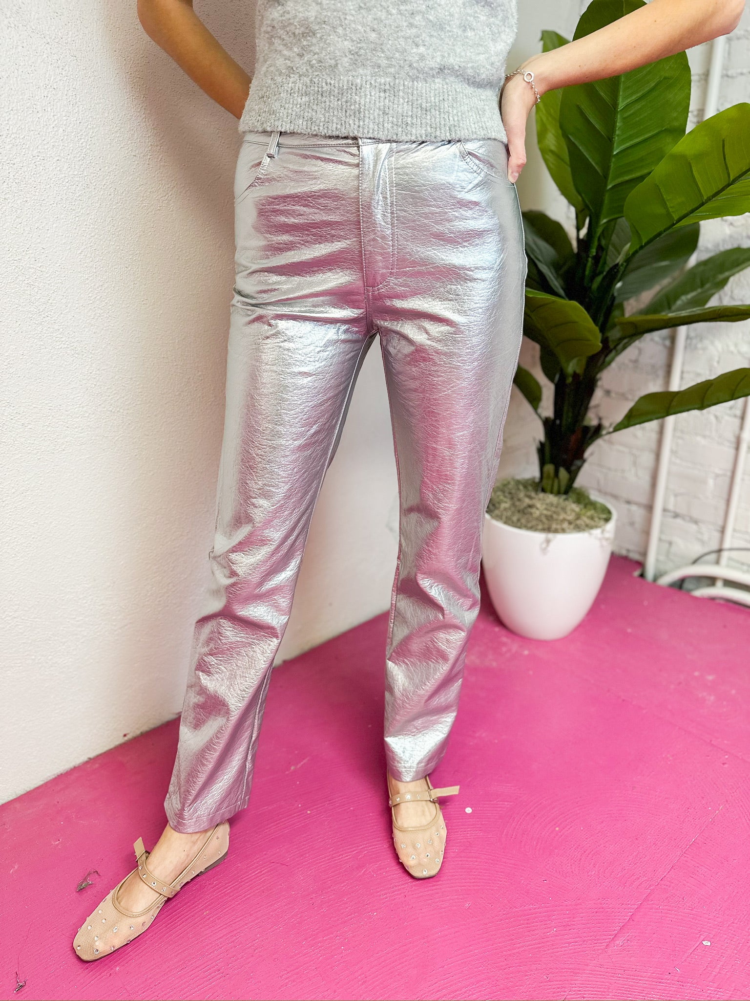 Metallic Silver Straight Pant