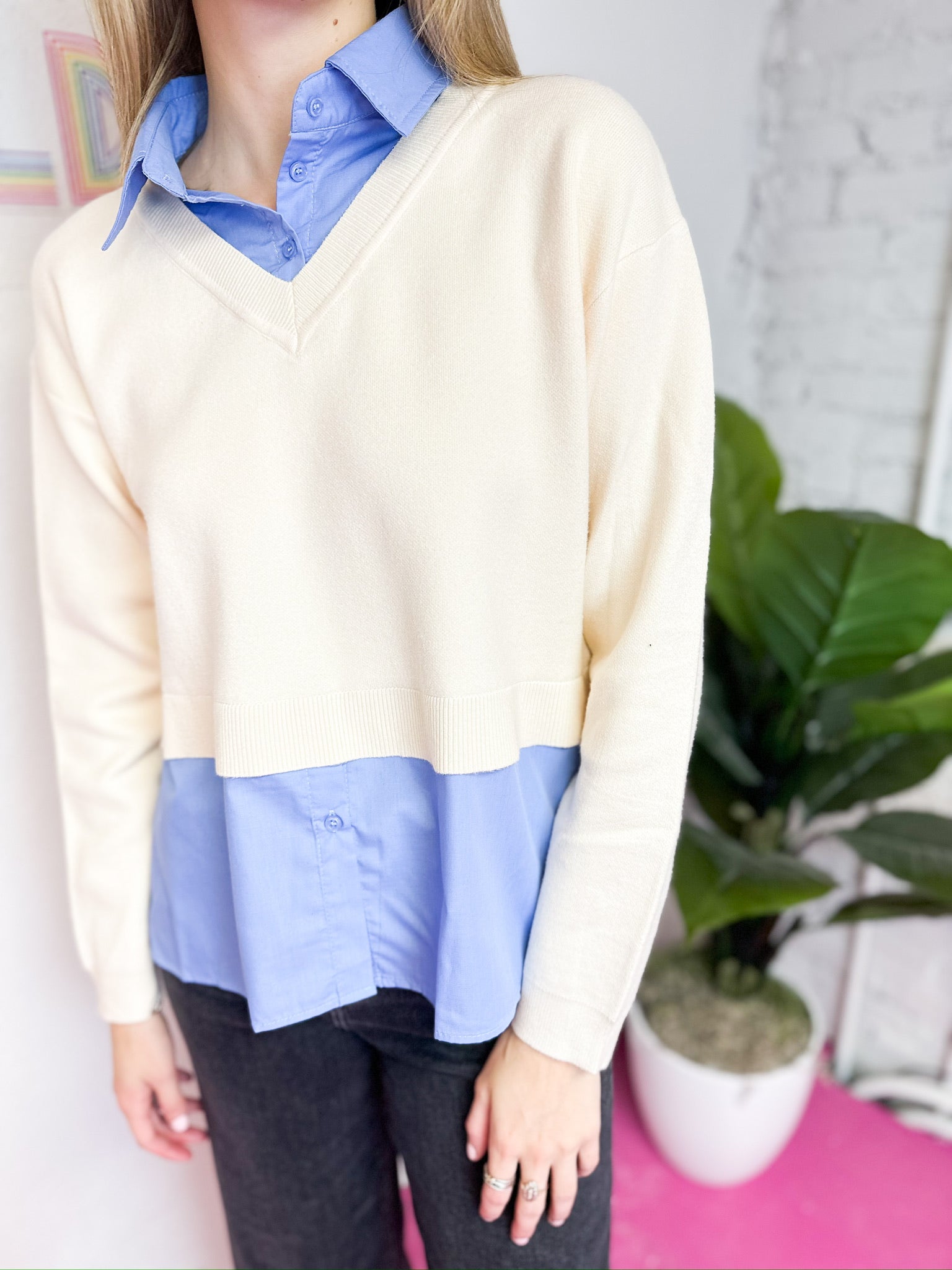 Layered Oxford Sweater Top