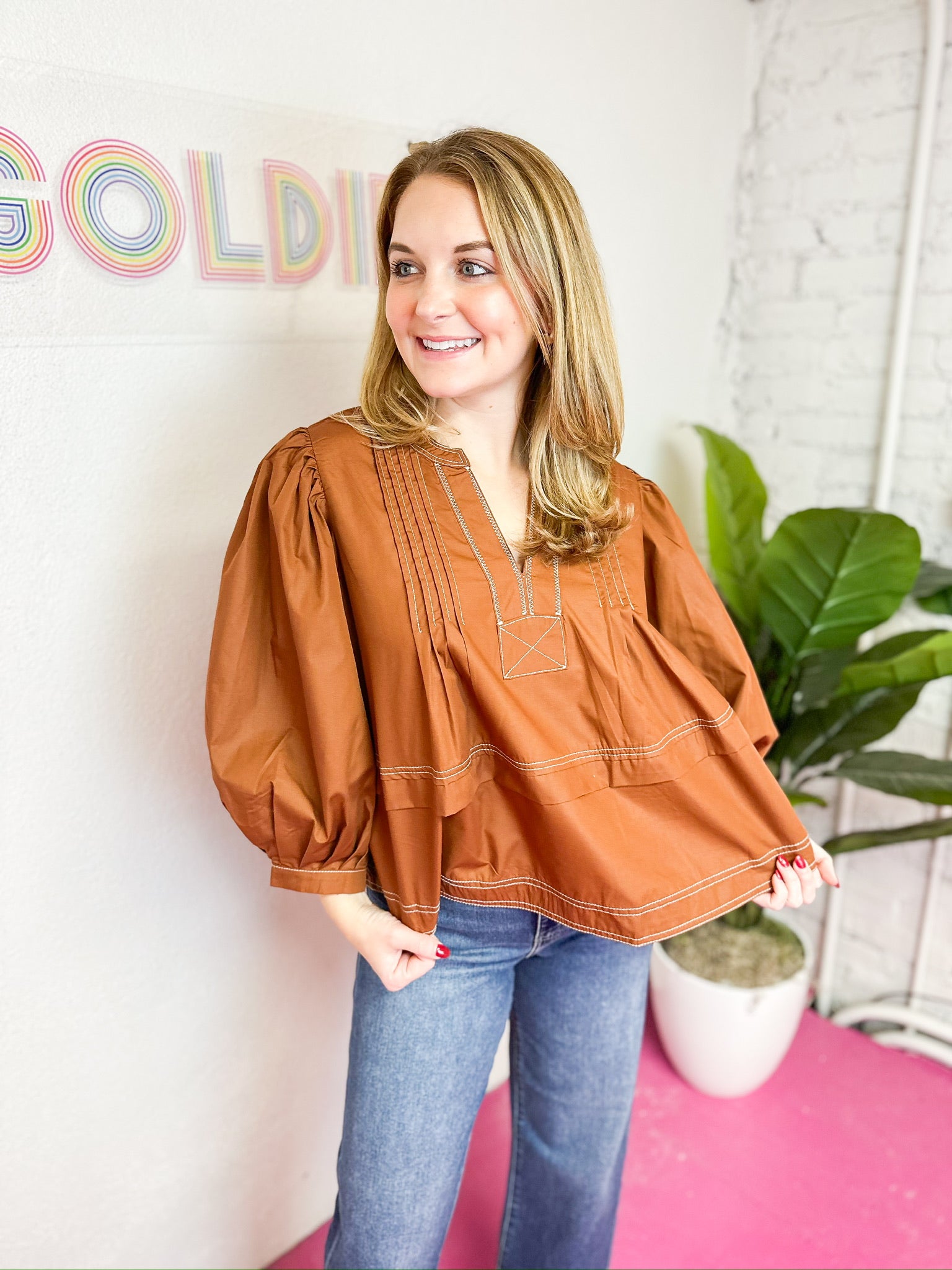 Pleated Contrast Stitch Blouse