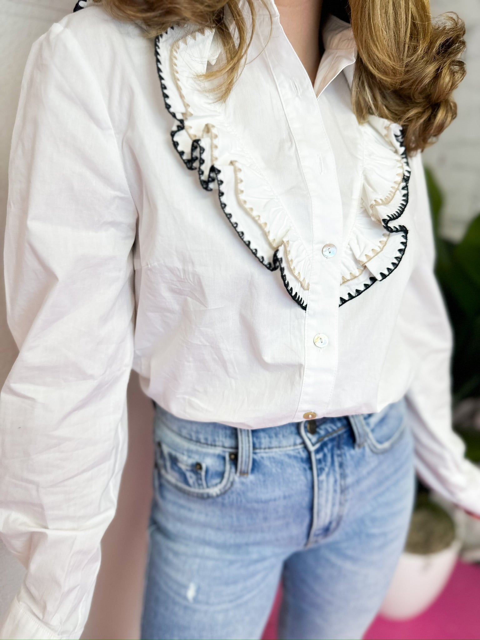 Ruffle Embroidered Collar Button Down