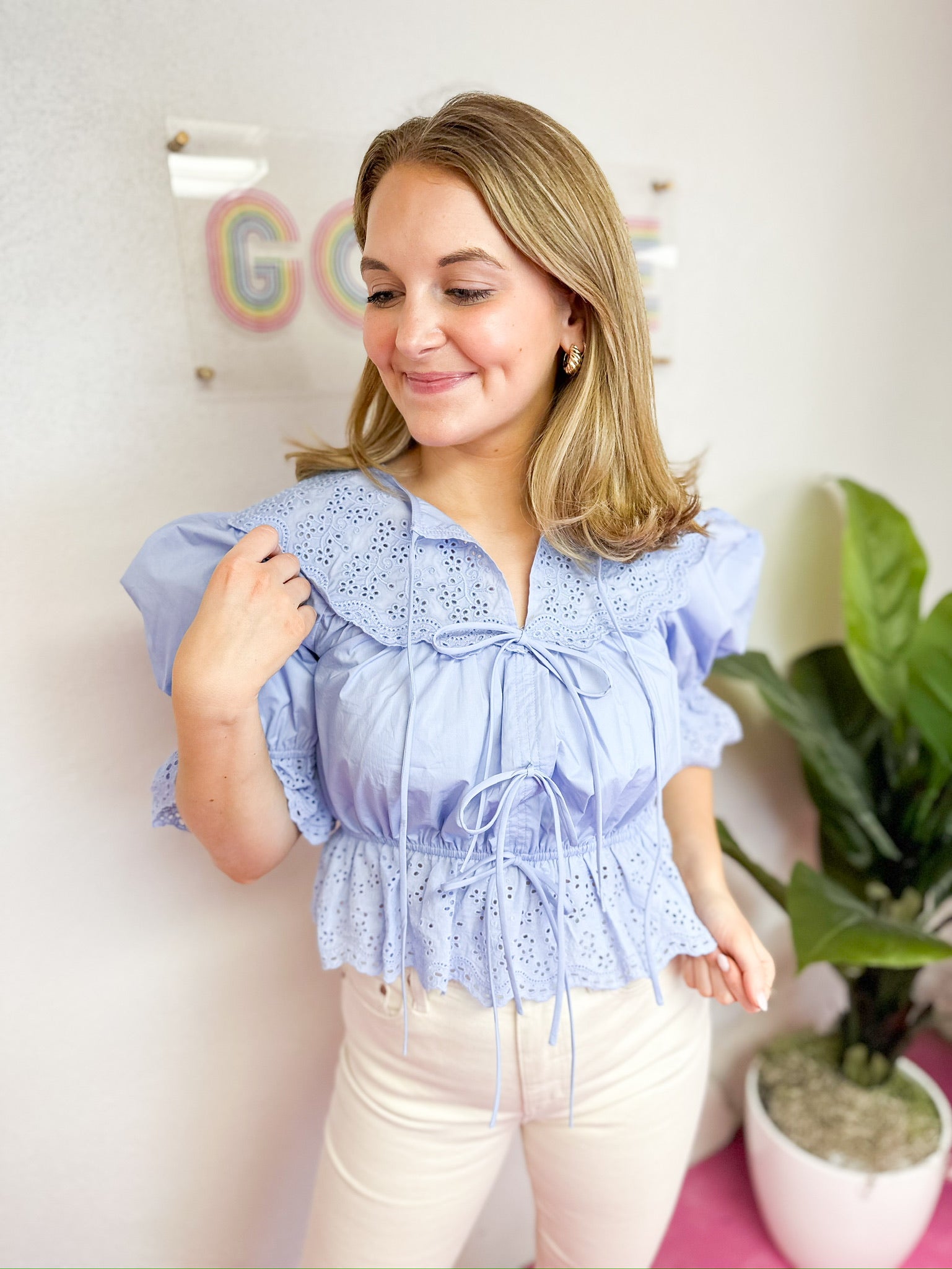 Eyelet Front Tie Blouse