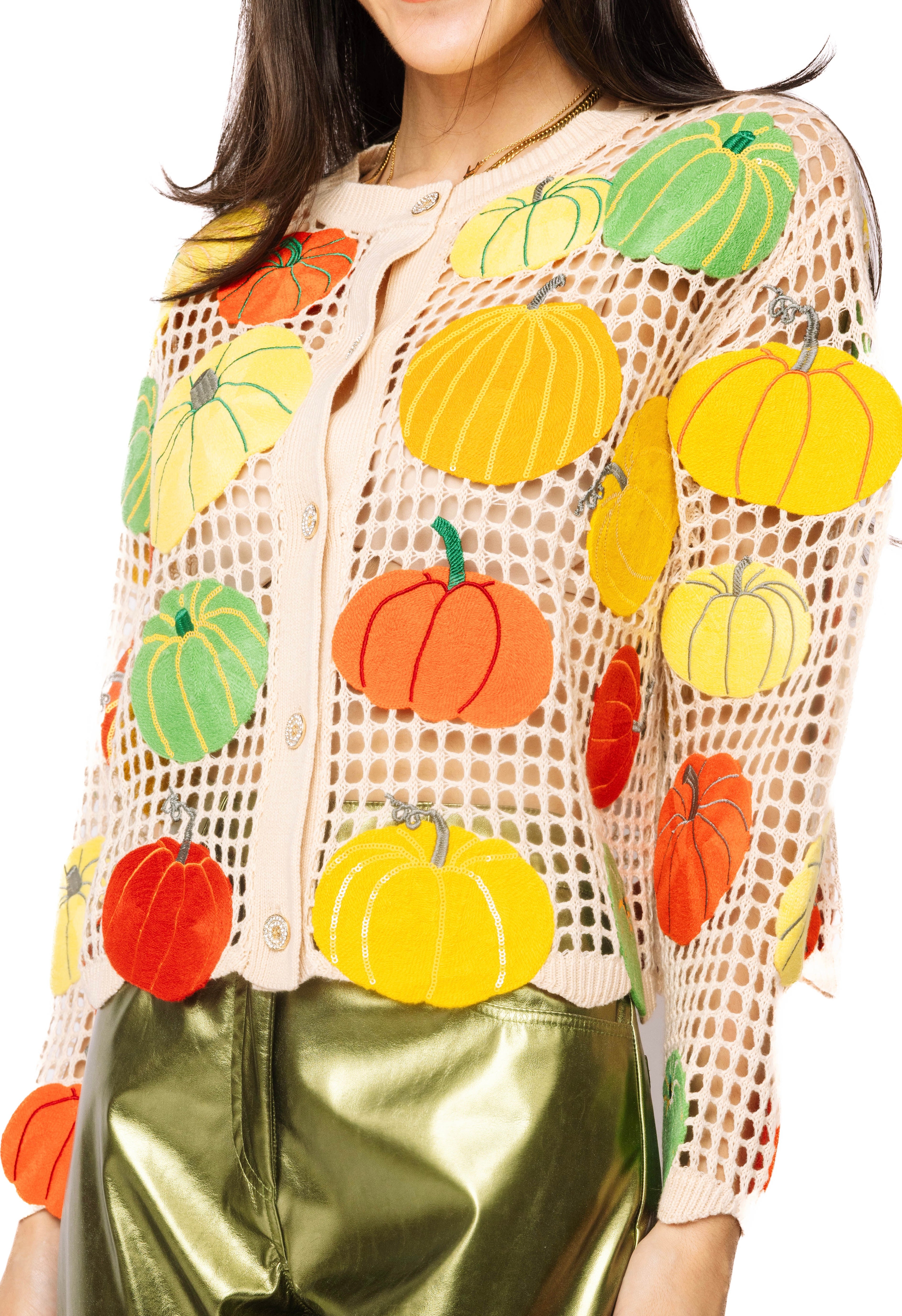 (PRE-ORDER) Queen of Sparkles Pumpkin Crochet Button Up Cardigan