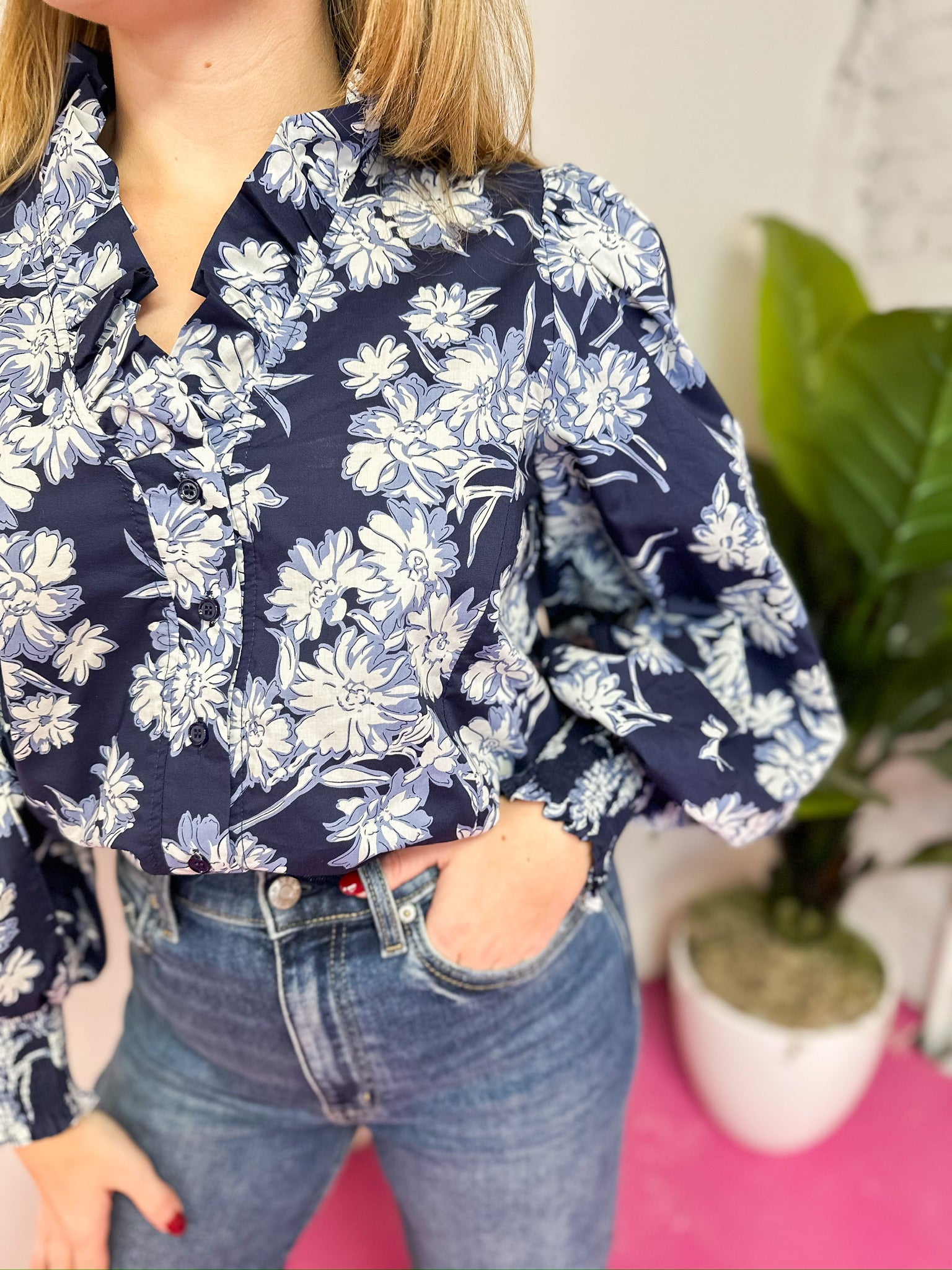 Navy Ruffle Collar Blouse