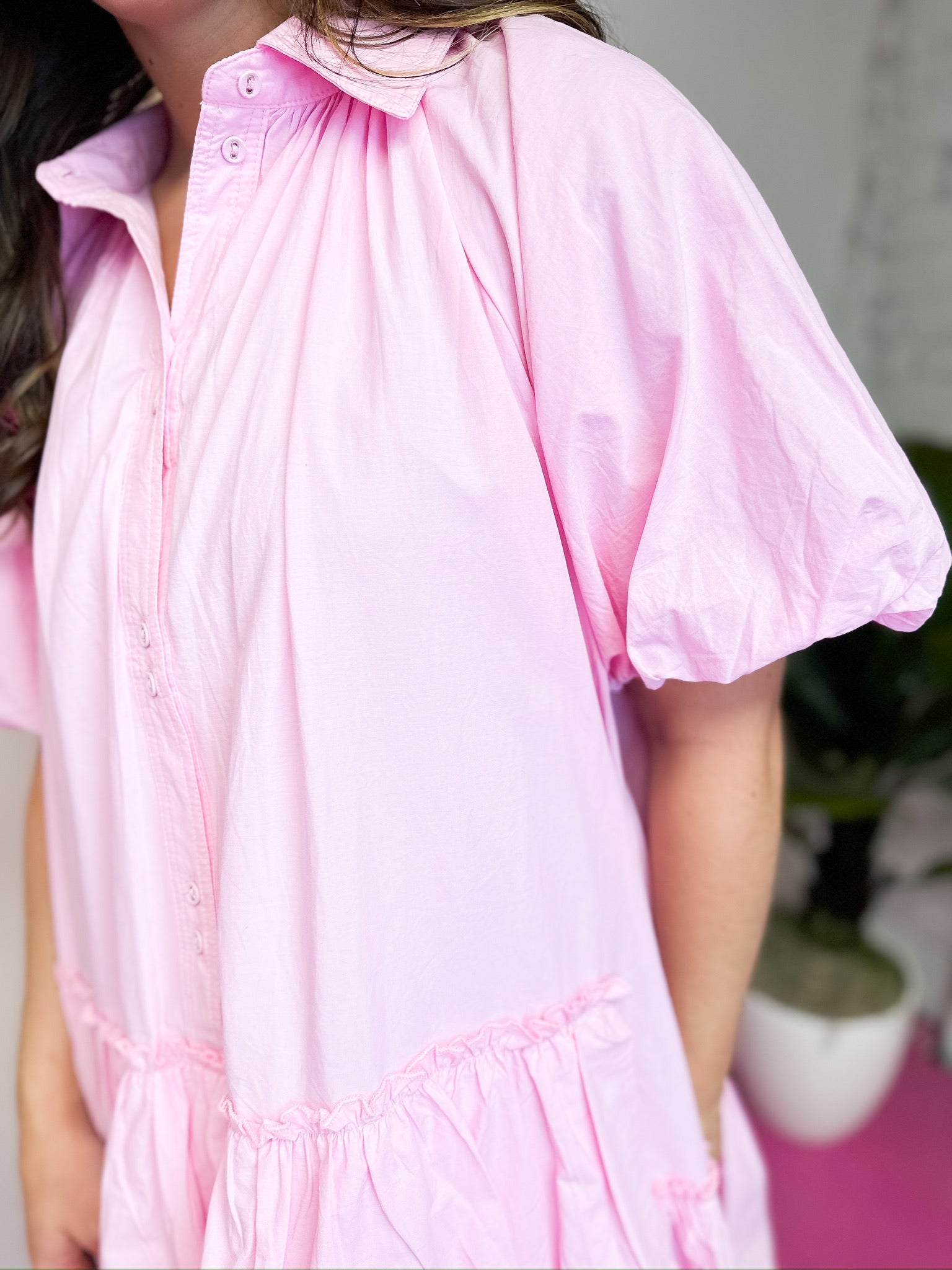 Pink Balloon Sleeve Button Front Dress