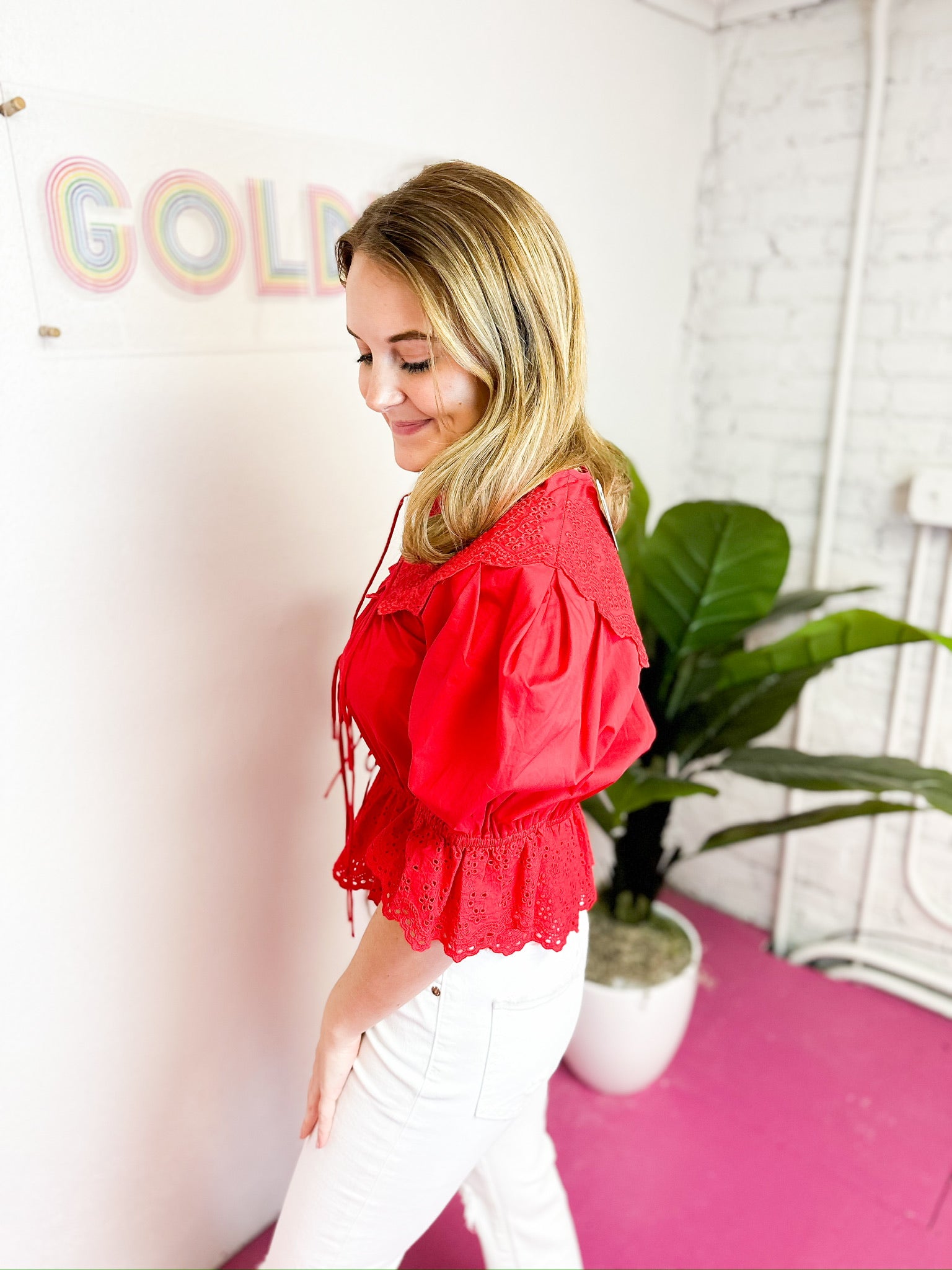 Red Embroidered Eyelet Tie Blouse