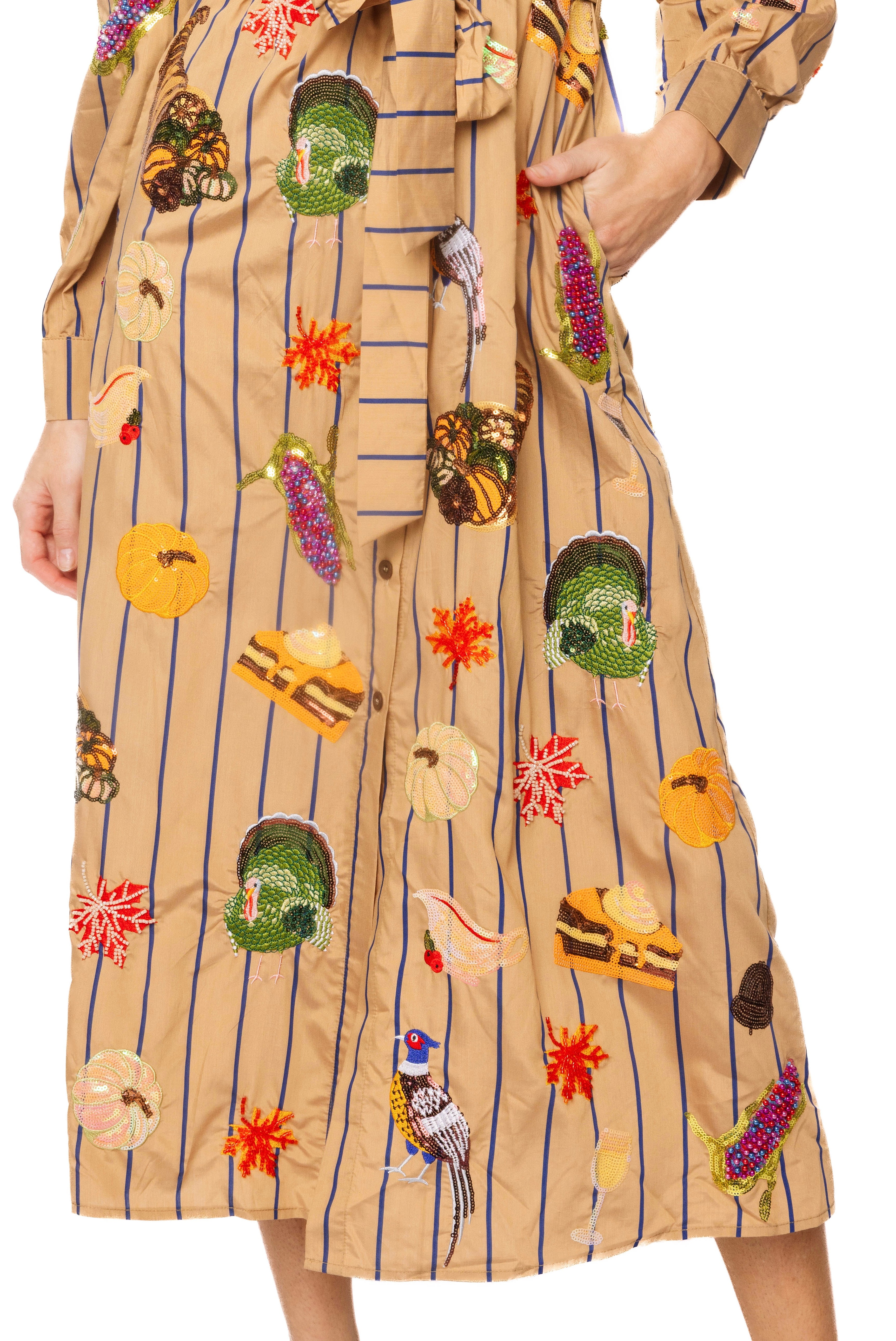 (PRE-ORDER) Queen of Sparkles Striped Thanksgiving Icon Midi Tie Dress