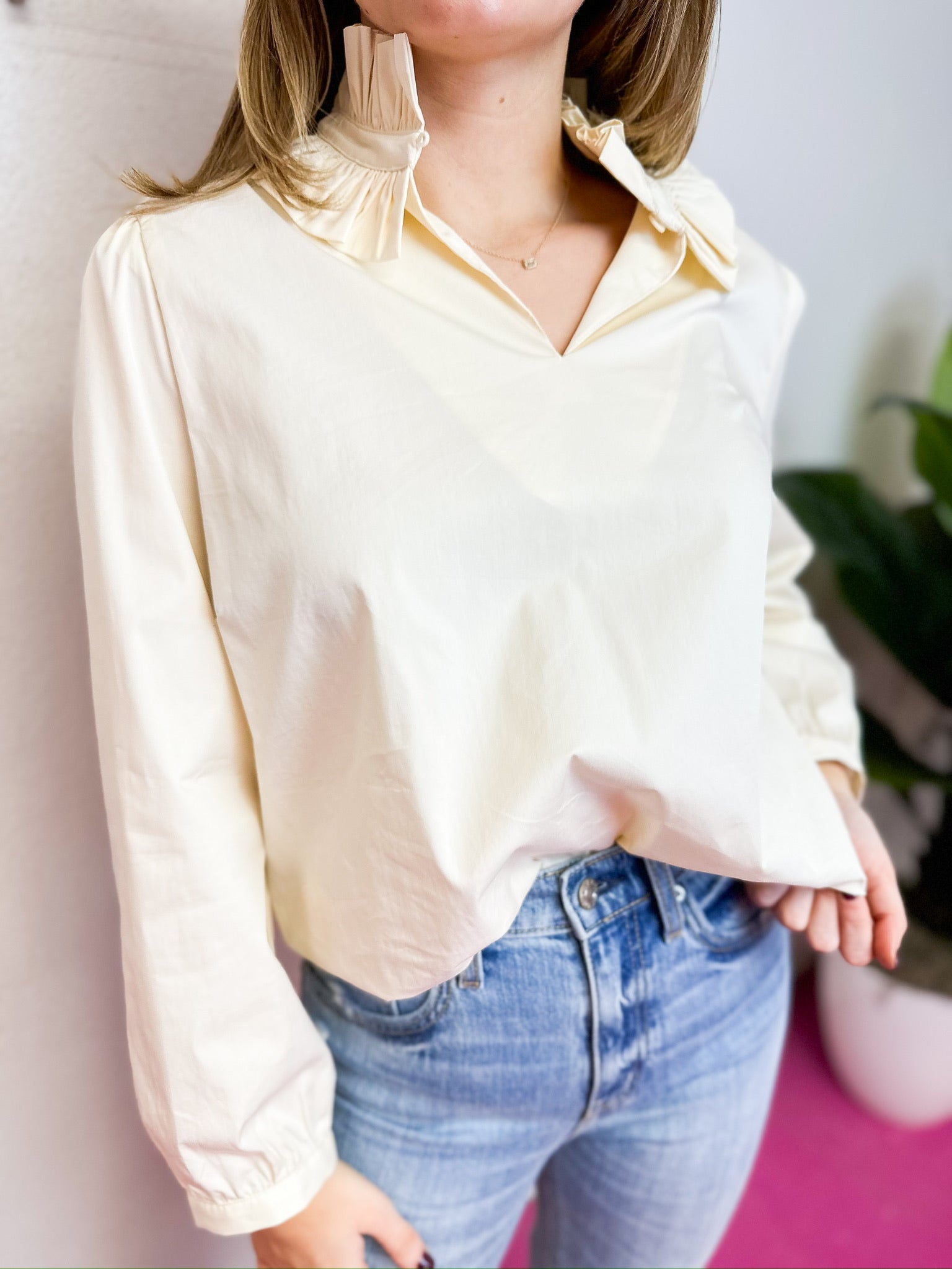 Poplin Ruffle Neck Top