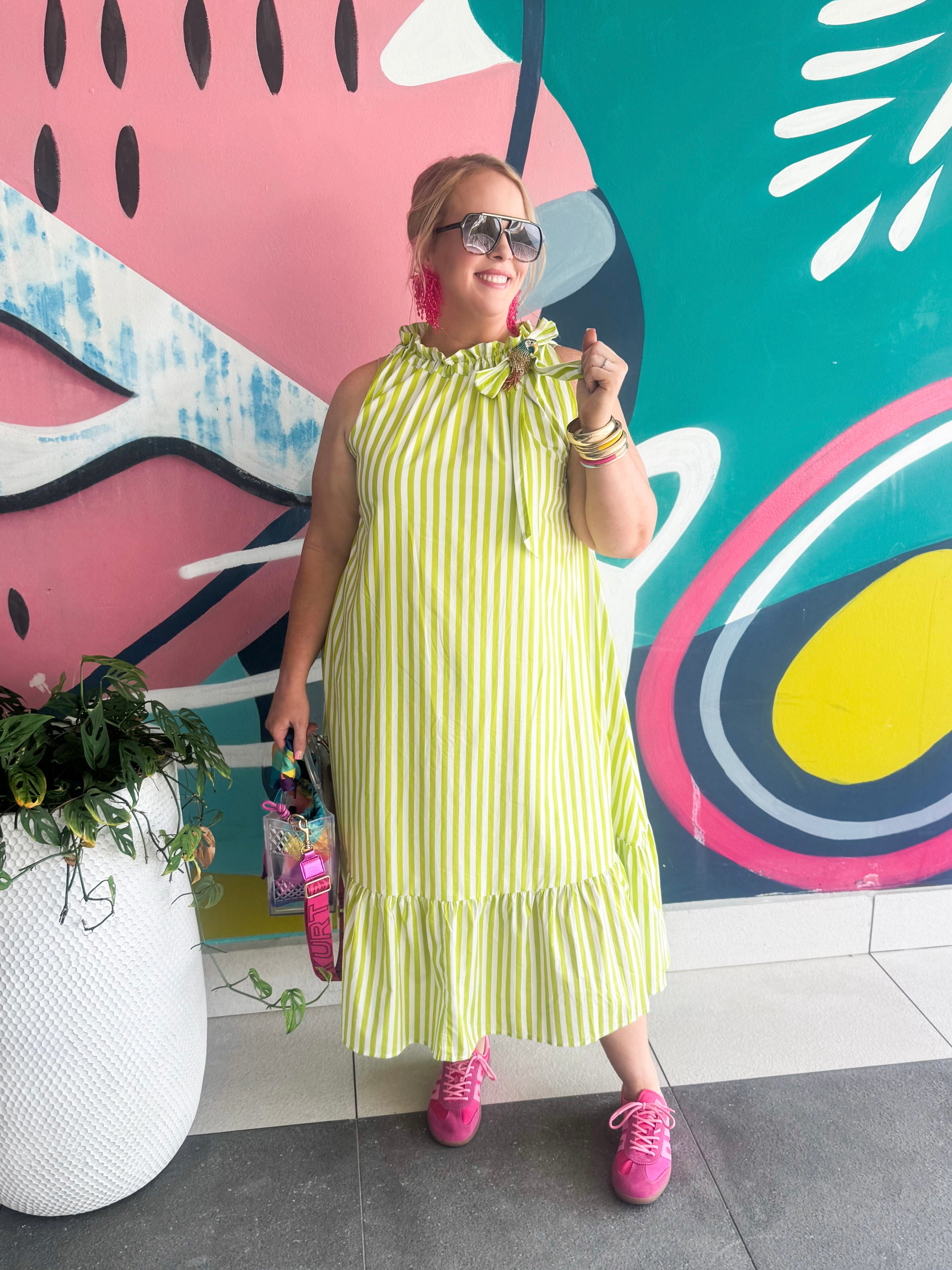 Stripe Midi Dress With Ruffle Neck Tie