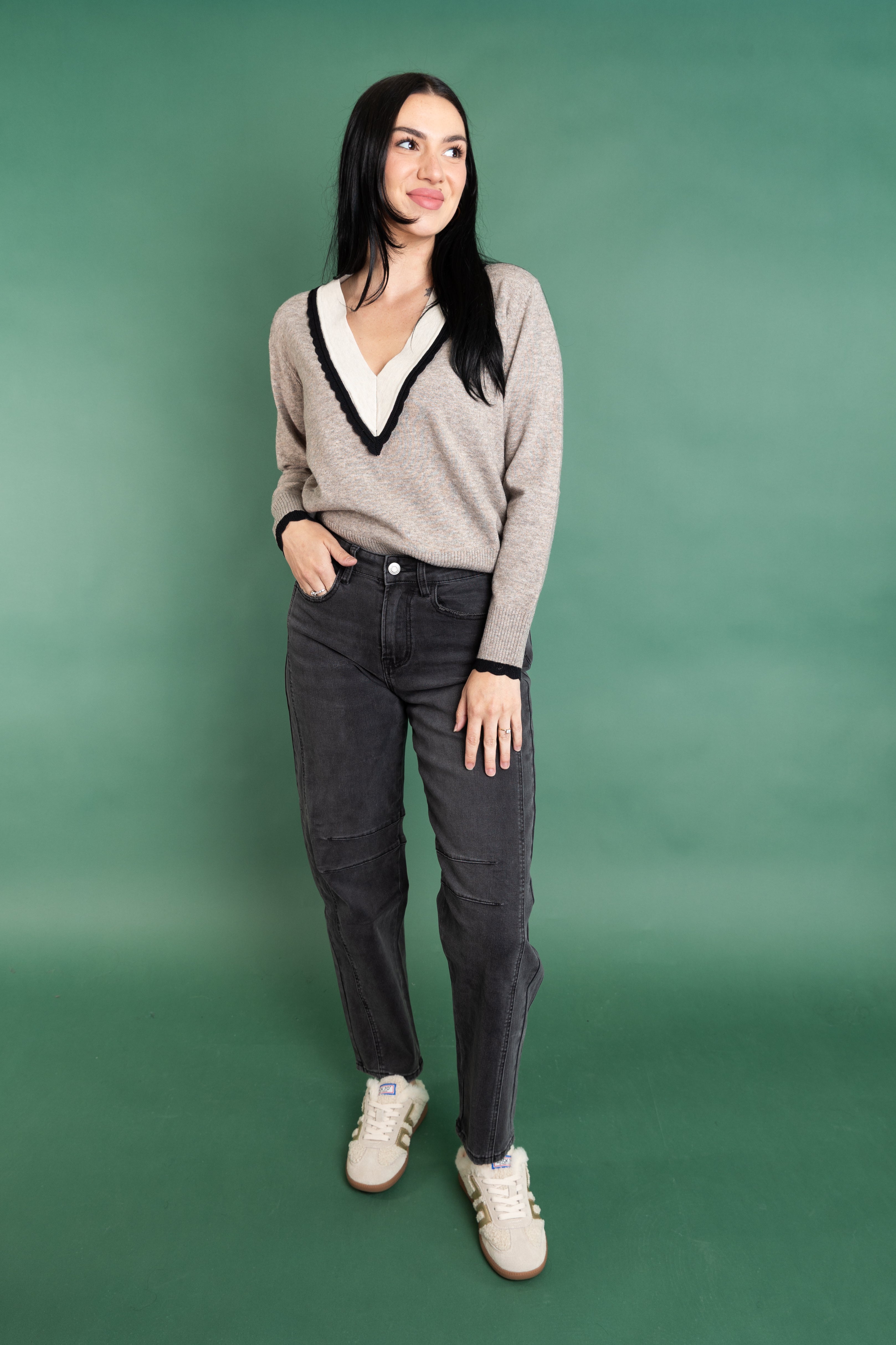 Mid Rise Barrel Charcoal Denim