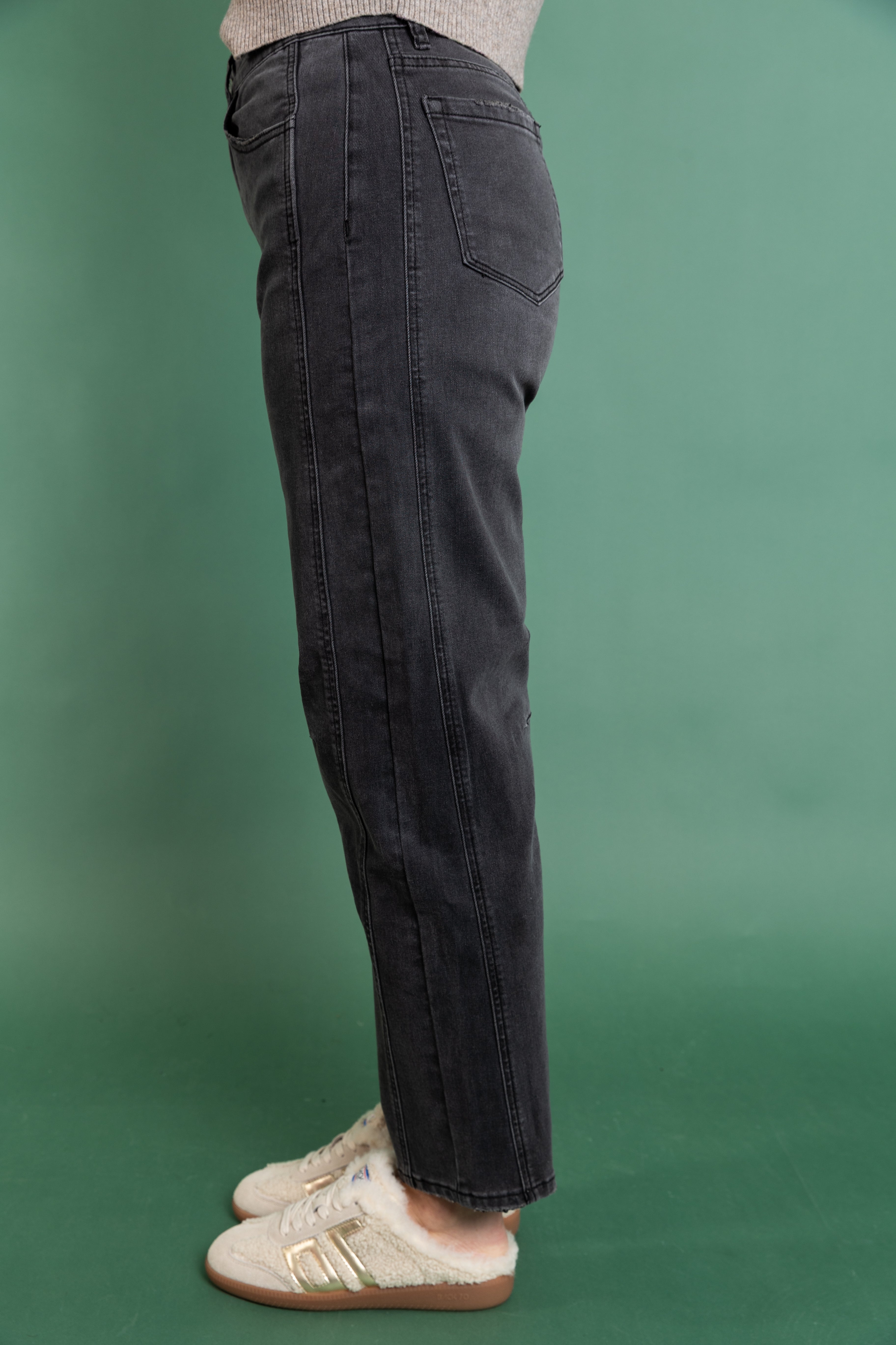 Mid Rise Barrel Charcoal Denim