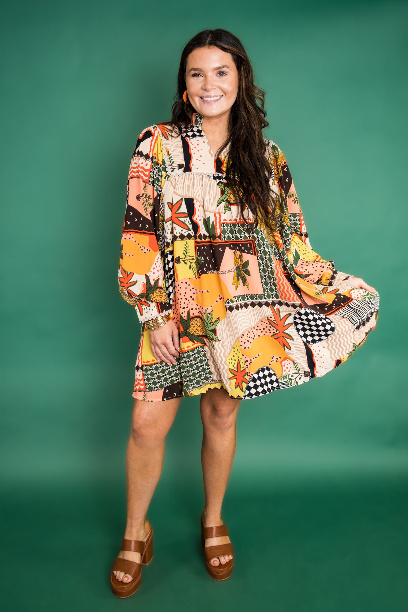 Multi Print Dress With Scallop Detail