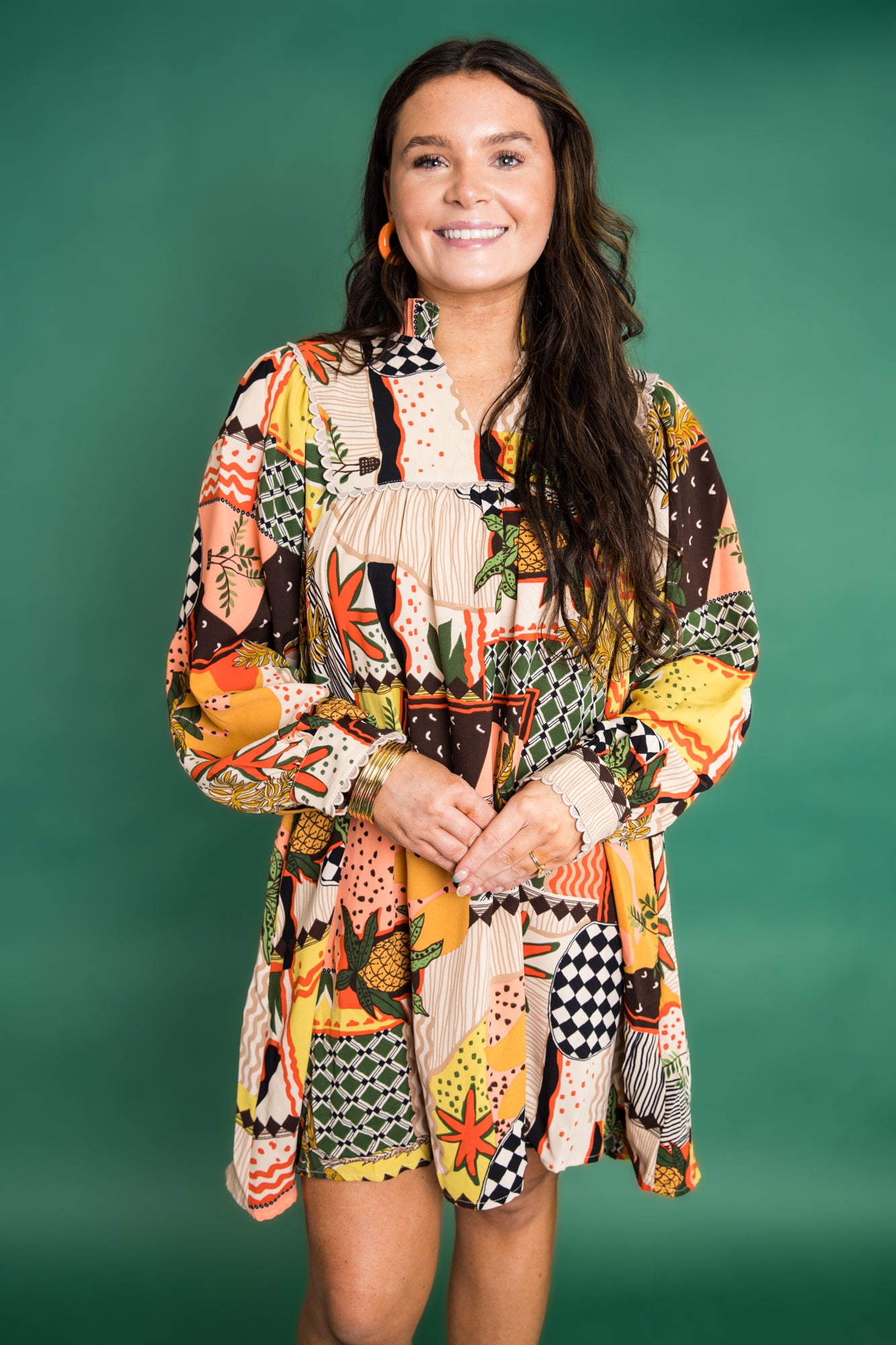 Multi Print Dress With Scallop Detail