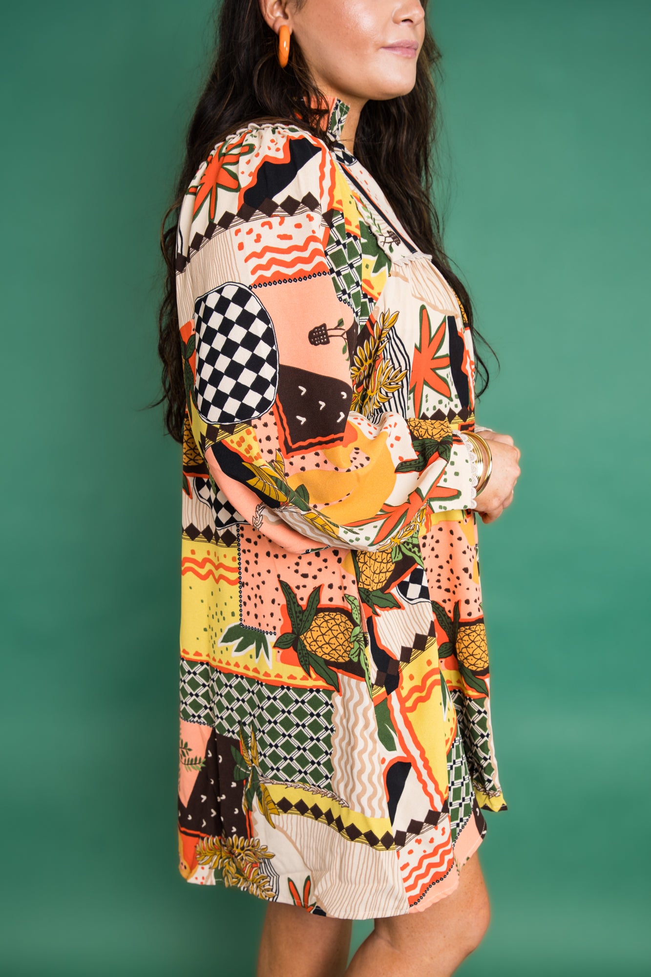 Multi Print Dress With Scallop Detail