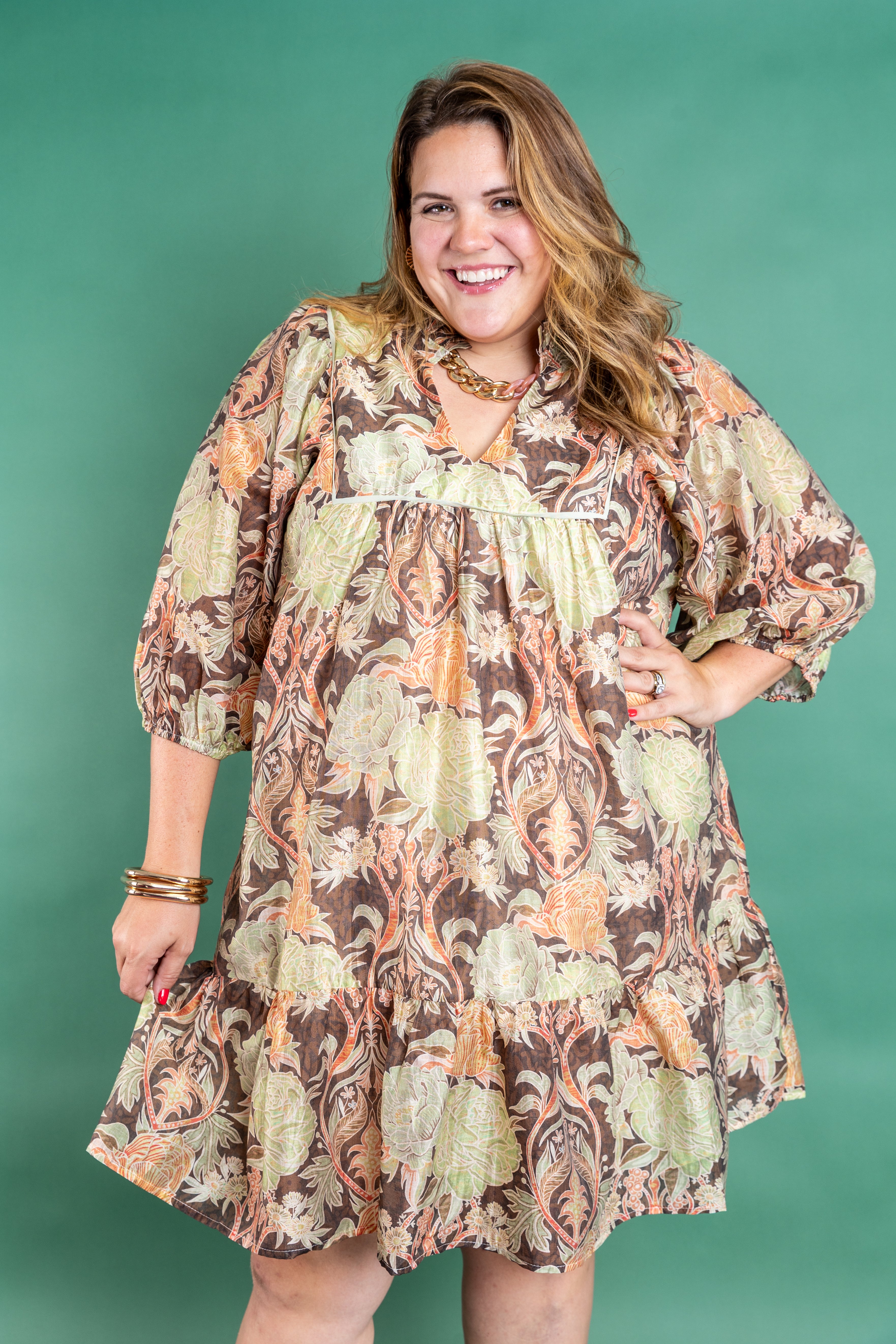 Plus Size Brown Floral Midi Dress