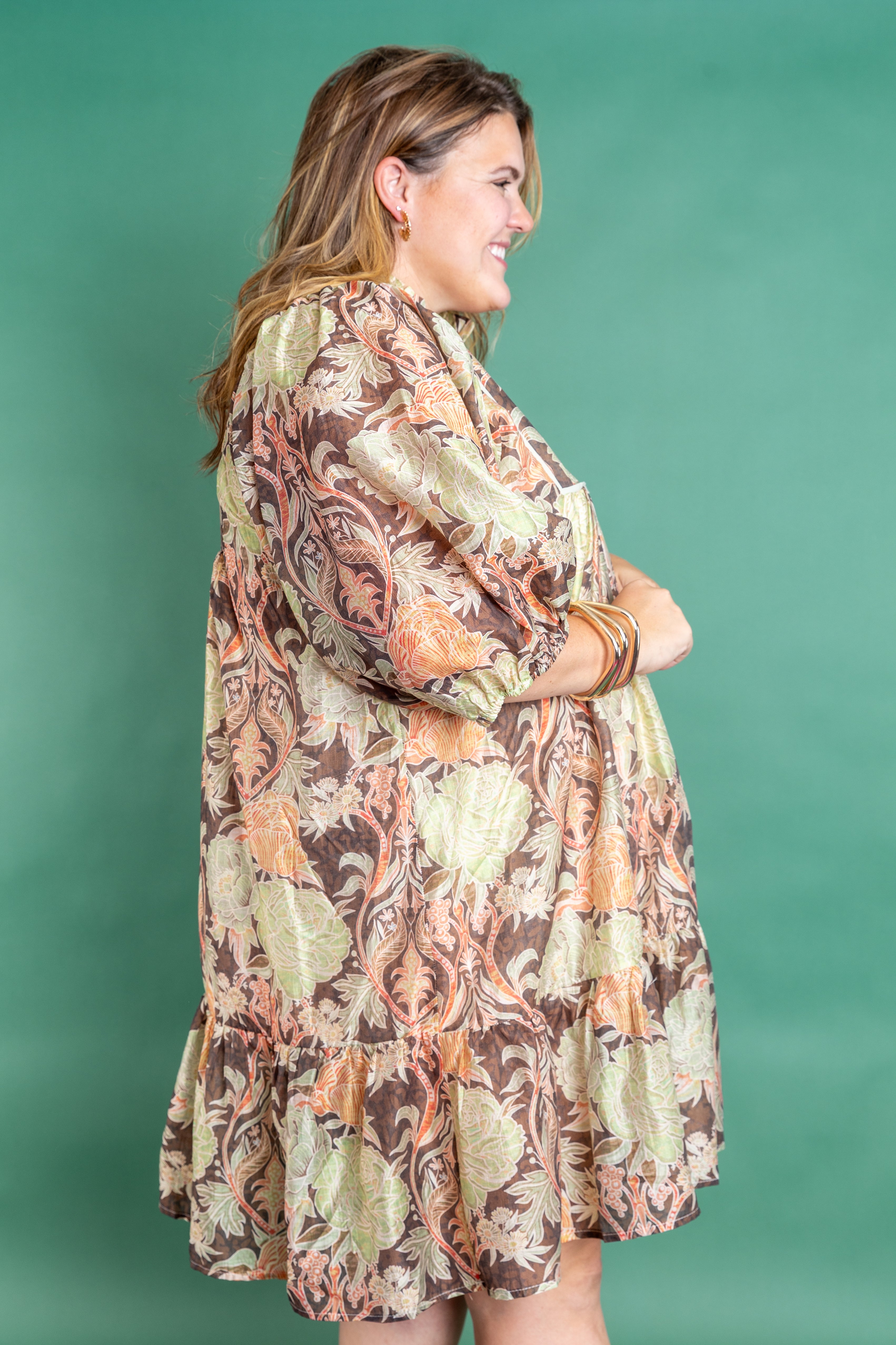 Plus Size Brown Floral Midi Dress