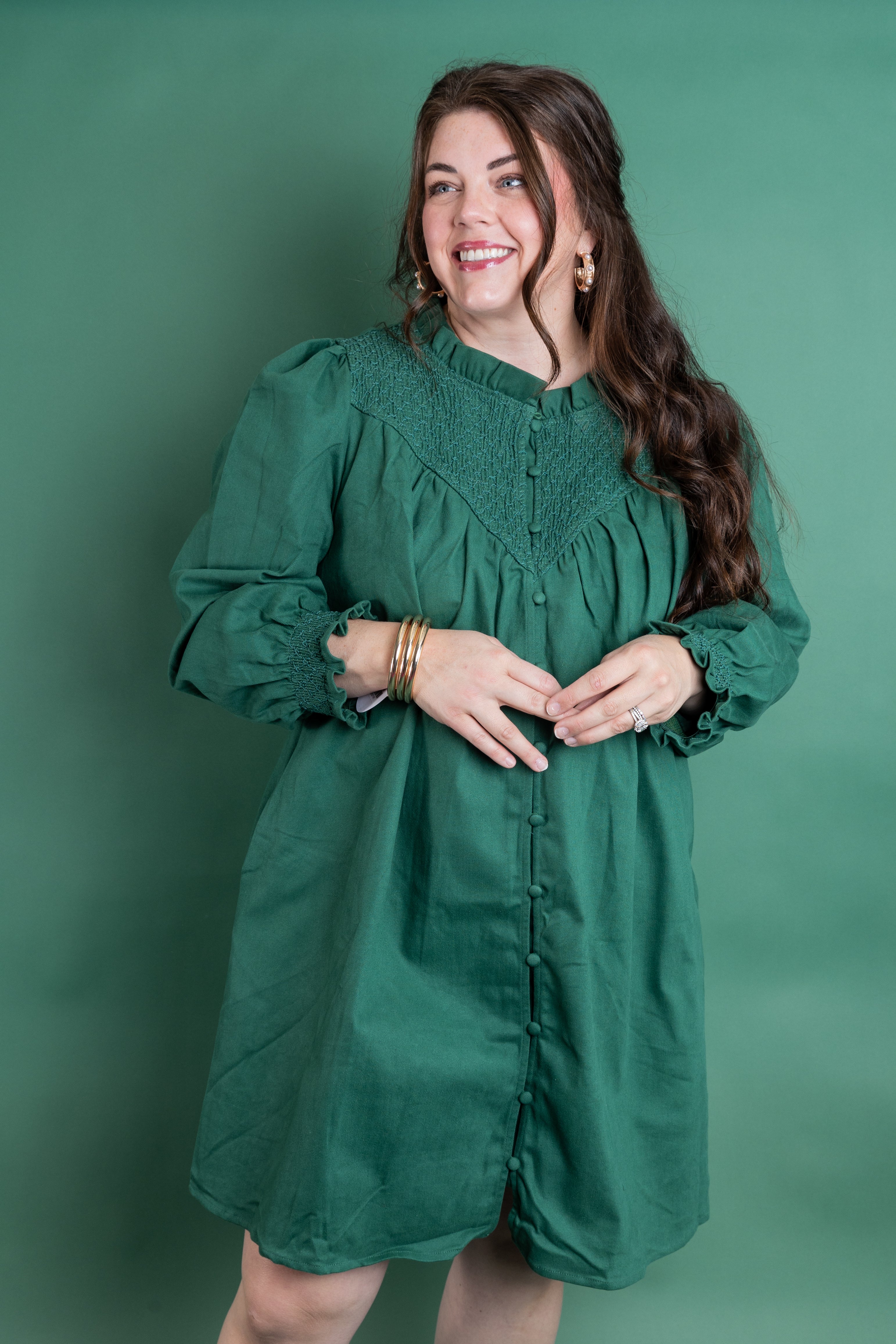 Green Smocked Button Down Dress