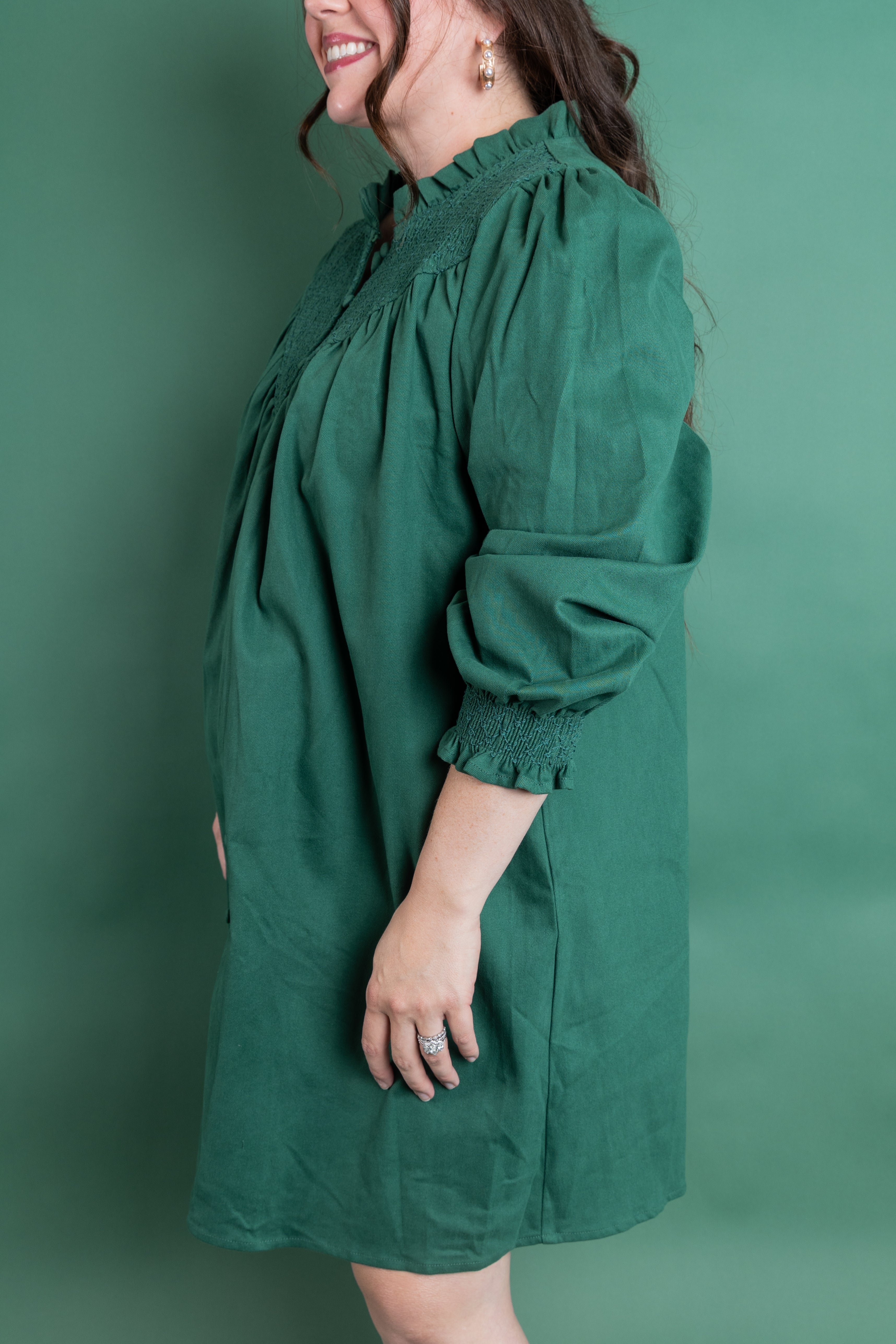 Green Smocked Button Down Dress
